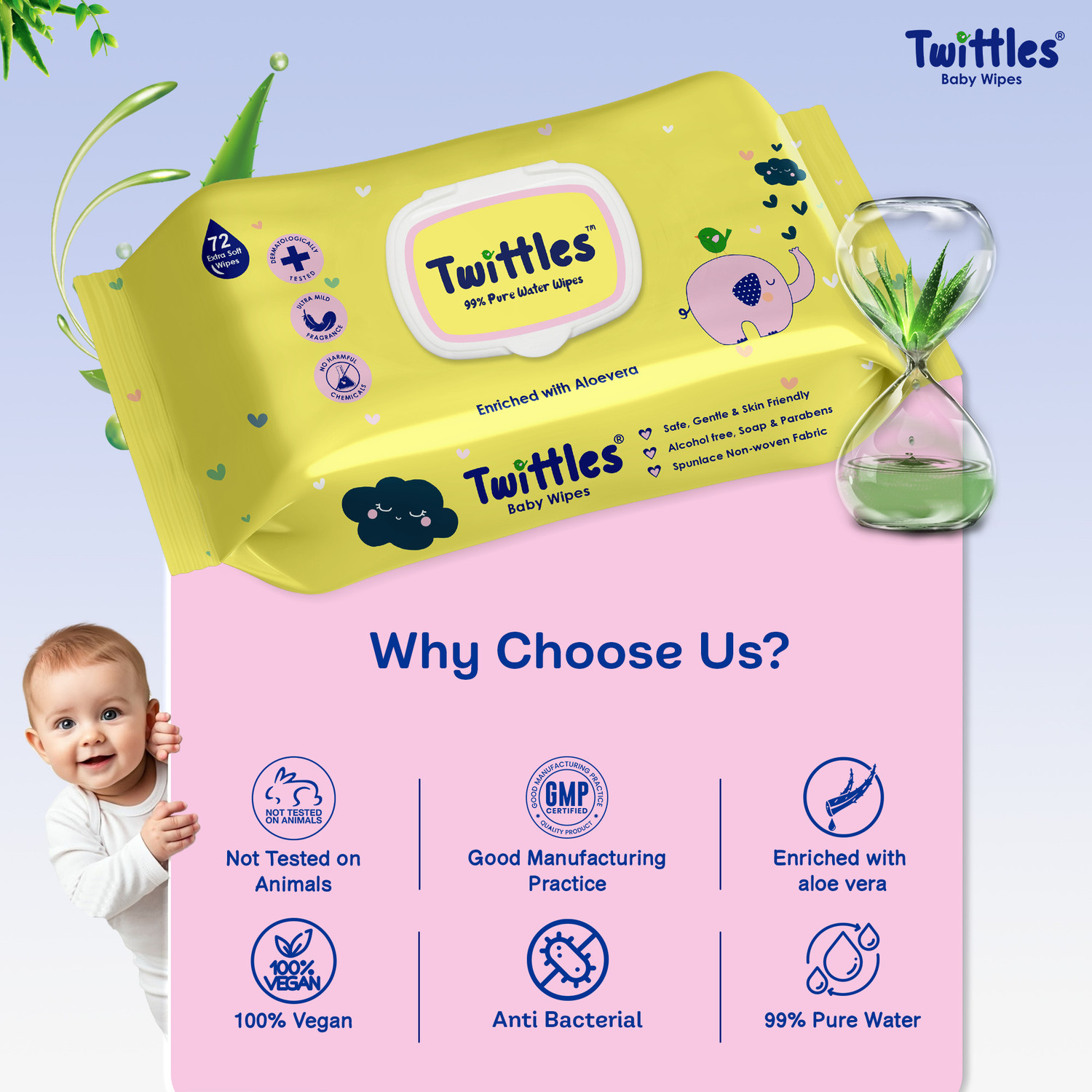 Image of Twittles Soft & Gentle Baby Cleansing Wipes With Lid, 99% Water & Aloe Vera | Pack of 6
