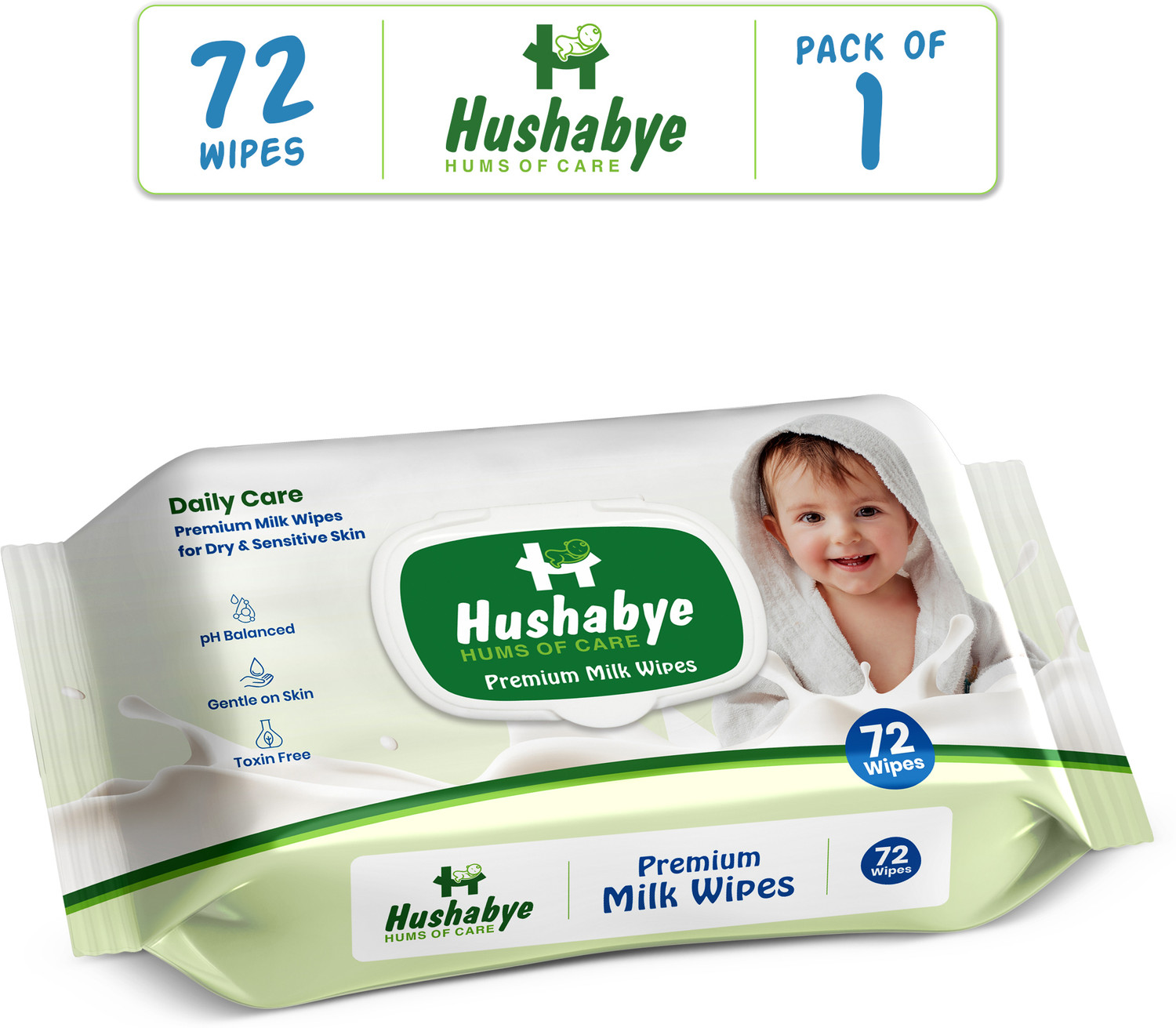 Image of Hushabye Premium Baby Wipes with Milk Extract & Vitamin E, pH Balanced, Lid Pack of 1