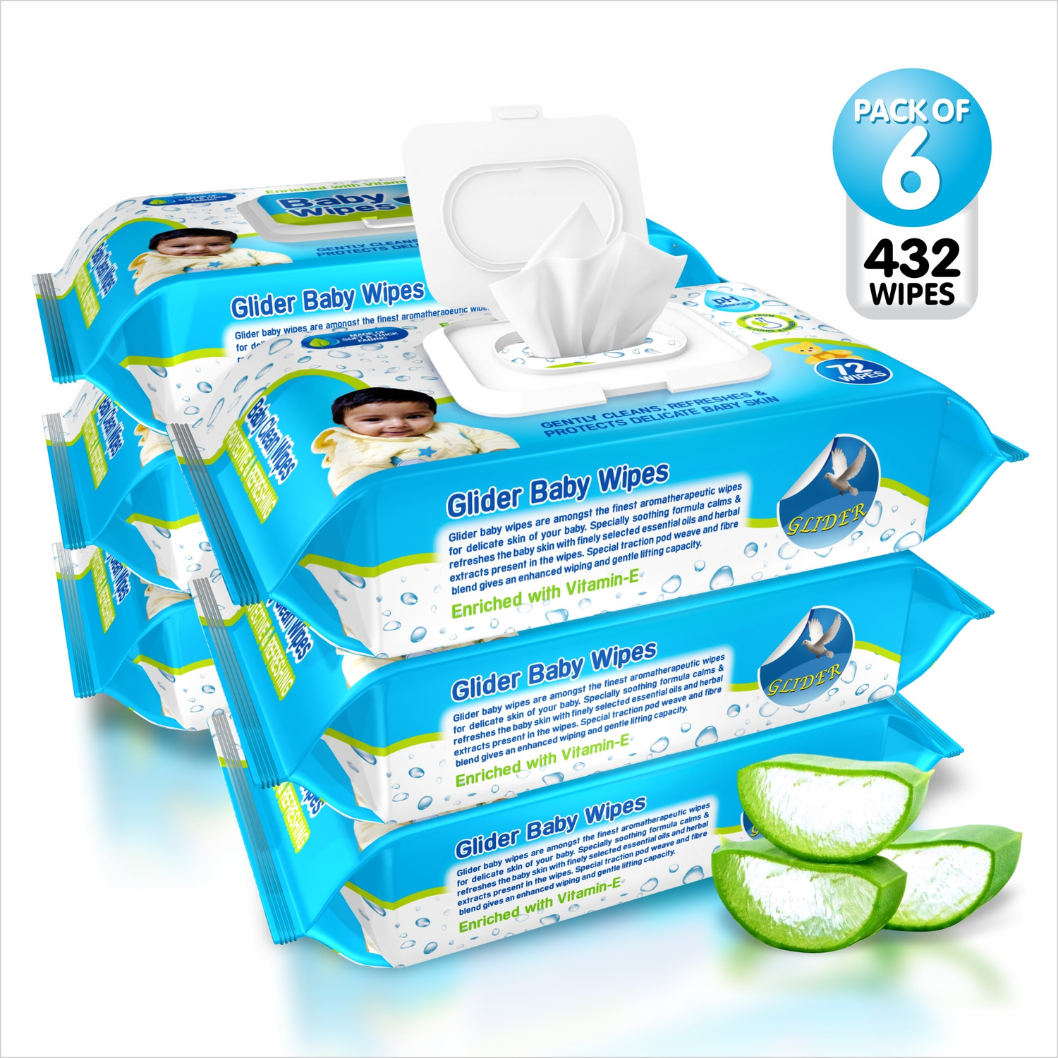 Image of GLIDER Baby Wipes with Fliptop |Aloe Vera & Vitamins|Paraben & Alcohol Free| Pack of 6