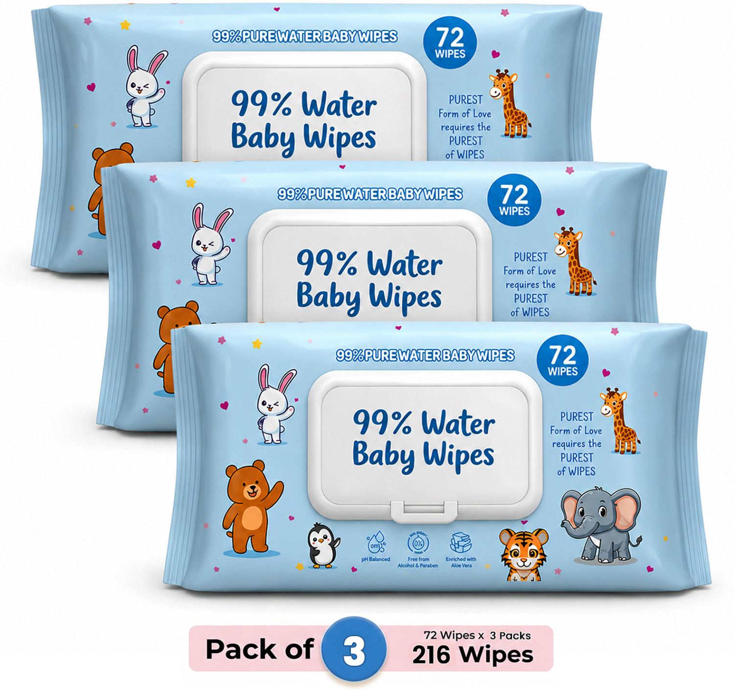 Image of GLIDER 99% Pure Water Baby Wipes with Lid | Skin Nourishing & Cleansing | Pack of 3