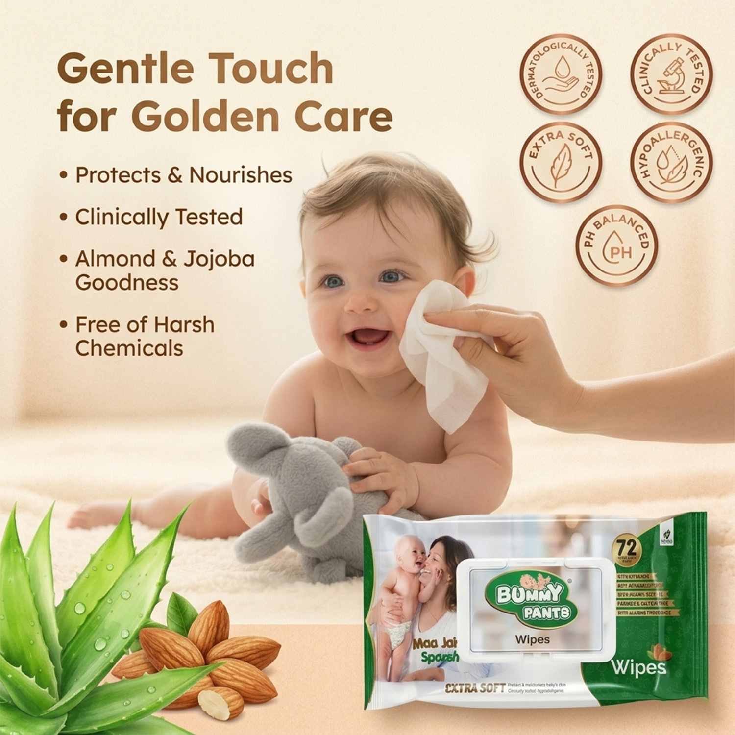 Image of BUMMY PANTS Gentle Cleansing Baby Wet Wipes with Lid | pH Balanced, Alcohol & Paraben-Free