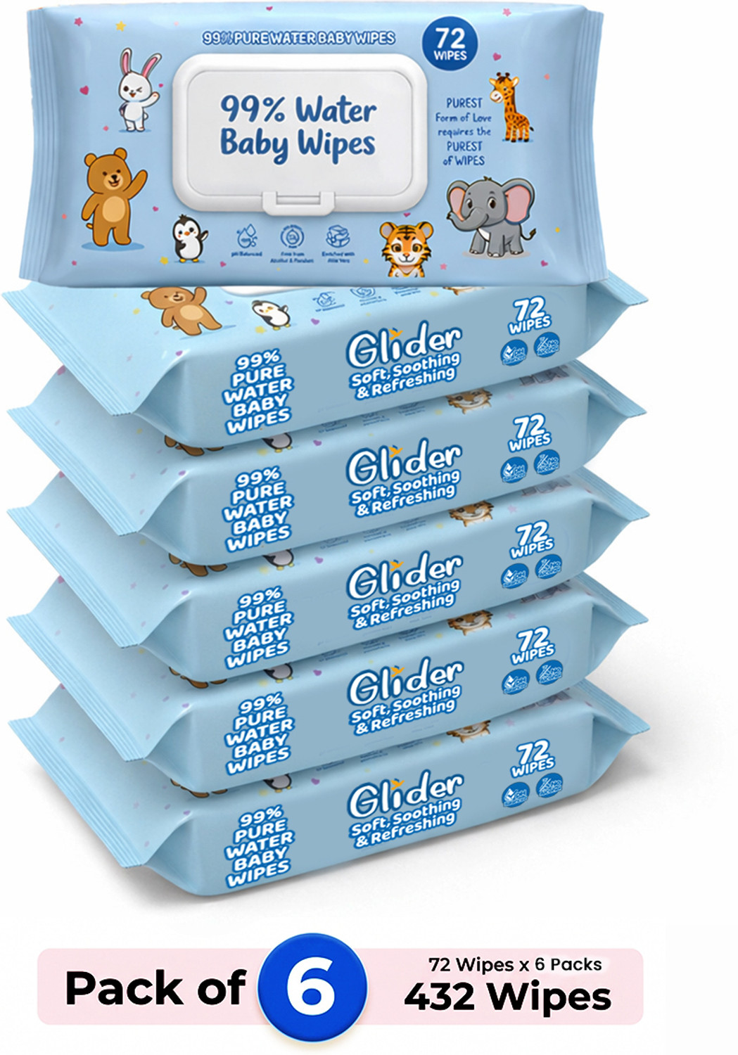 Image of GLIDER 99% Pure Water Baby Wipes with Lid | Skin Nourishing & Cleansing | Pack of 6