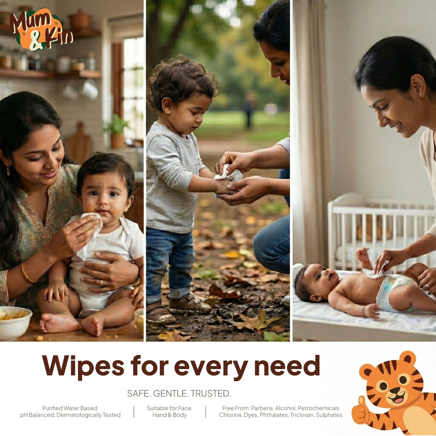 Image of Caremedica Mum & Kin Gentle Baby Wet Wipes|Pack of 9|With Aloe Vera,Jojoba Oil & Vitamin E