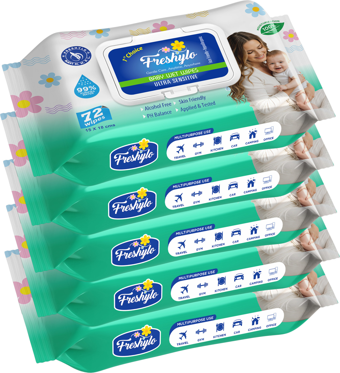 Image of Freshylo Baby Wipes with Lid & 99% Purified Water | pH-Balanced Wet Tissues, Pack of 5