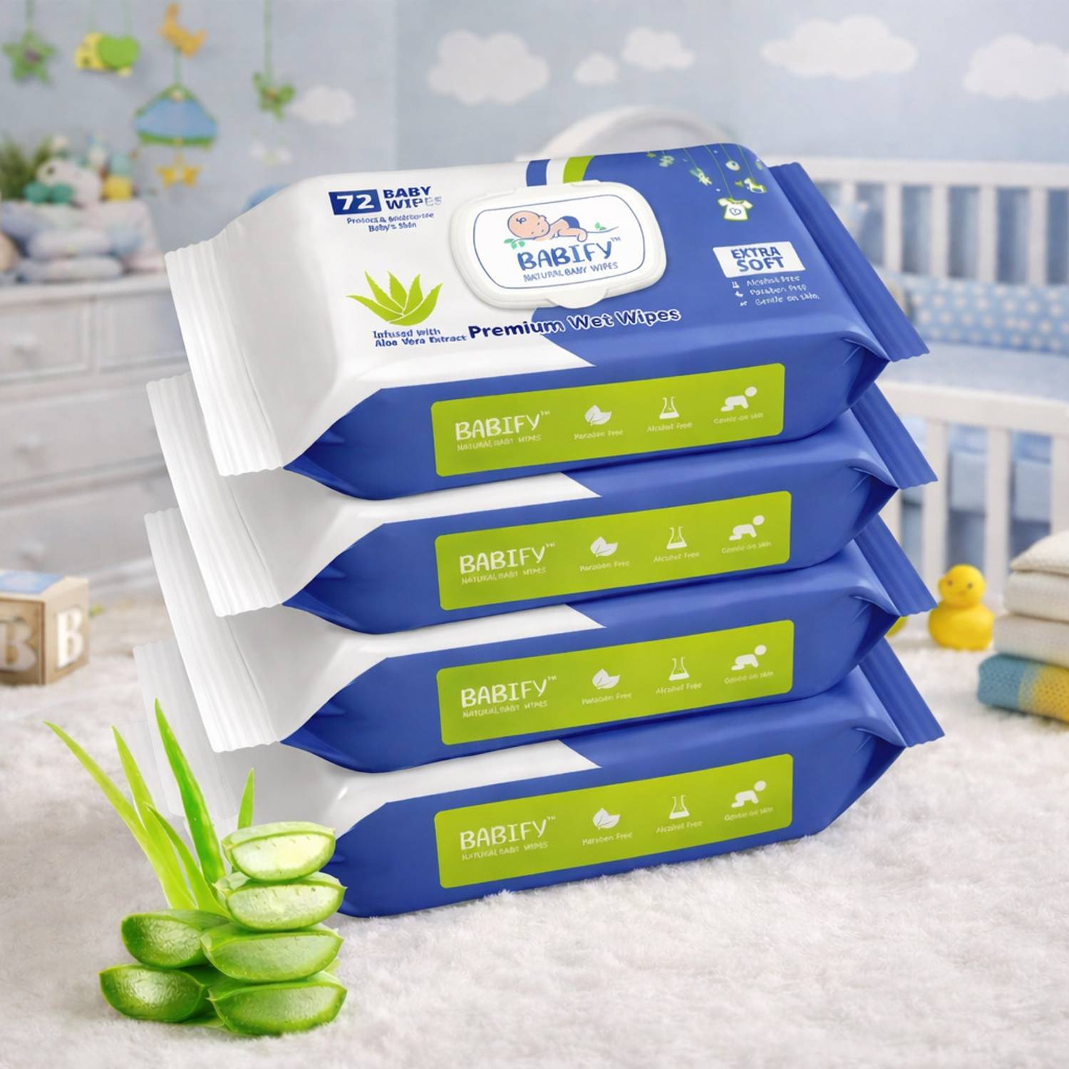 BabiFy Premium Baby Wet Wipes with Aloe Vera & 99% Pure Water | Paraben Fee (Pack of 4)
