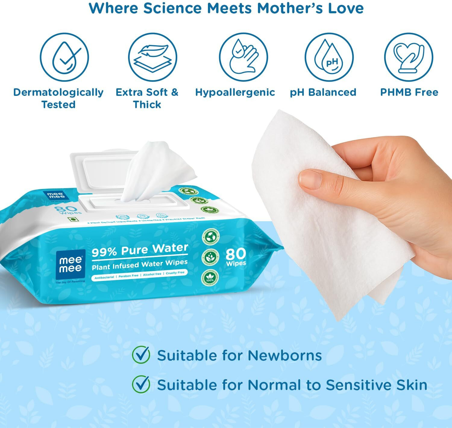 Image of MeeMee 99% Pure Water Plant Infused Water Wipes - 80 Wipes (Pack of 3)