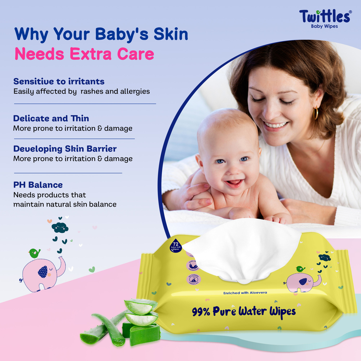 Image of Twittles Soft & Gentle Baby Cleansing Wipes With Lid, 99% Water & Aloe Vera | Pack of 6