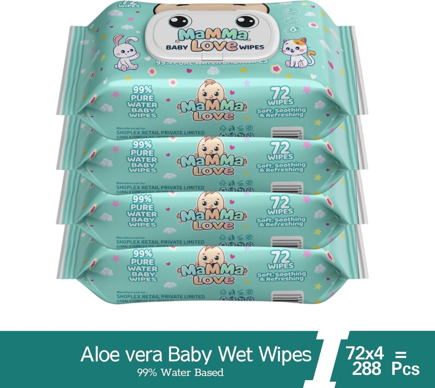Image of Mamma Love 99% Pure Water Baby Wet Wipes with Lid | Pack of 2 | 72 pcs /pack |