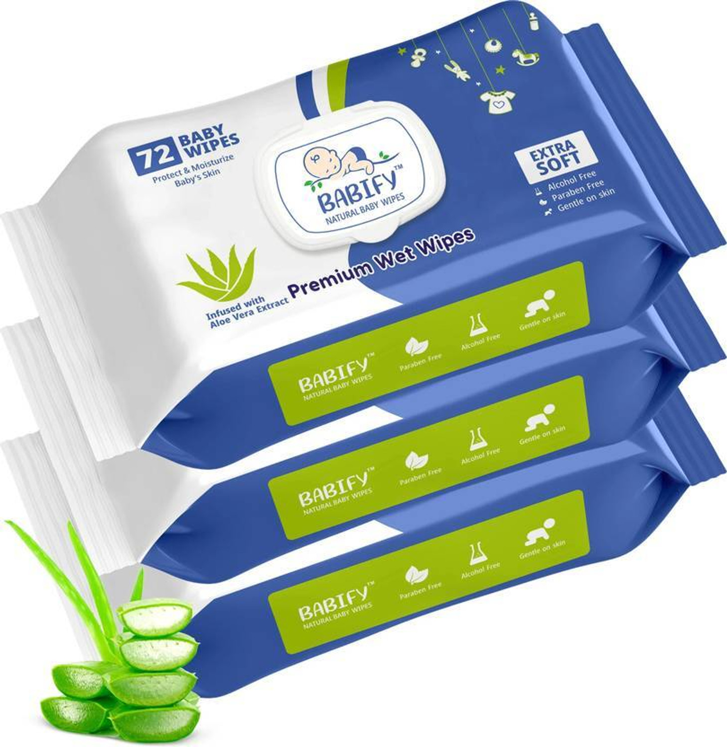 Image of BabiFy Extra Soft Premium Baby Wipes With Aloe Vera & Paraben-Free Pack of 3-216 Wipes