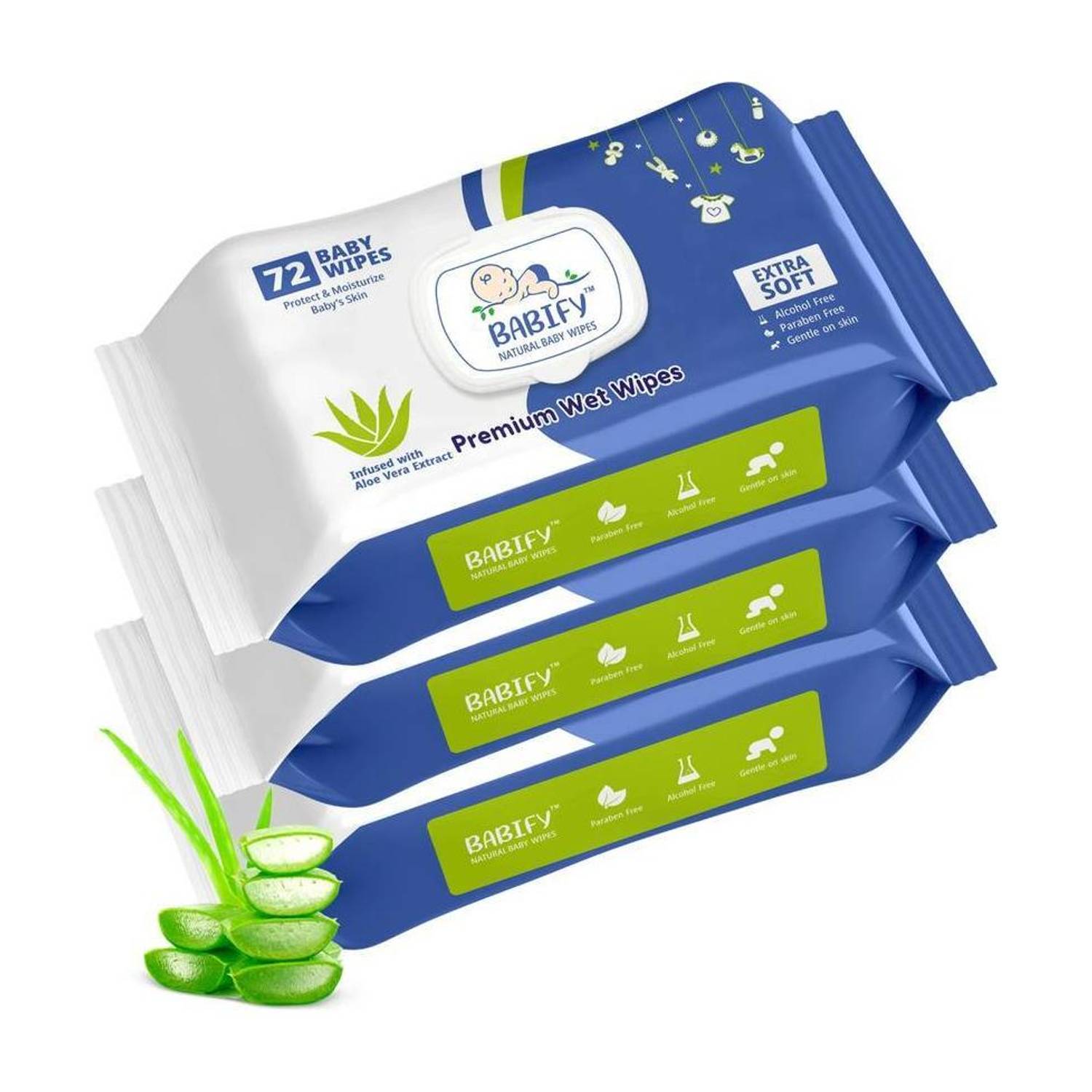BabiFy Extra Soft Premium Baby Wipes With Aloe Vera & Paraben-Free Pack of 3-216 Wipes