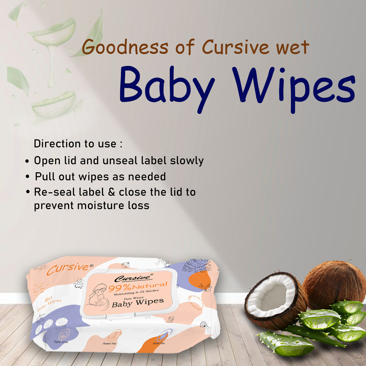 Image of CURSIVE Cleansing Baby Wet Wipes with Aloe Vera, Coconut Oil , Lid Pack -Pack of 1