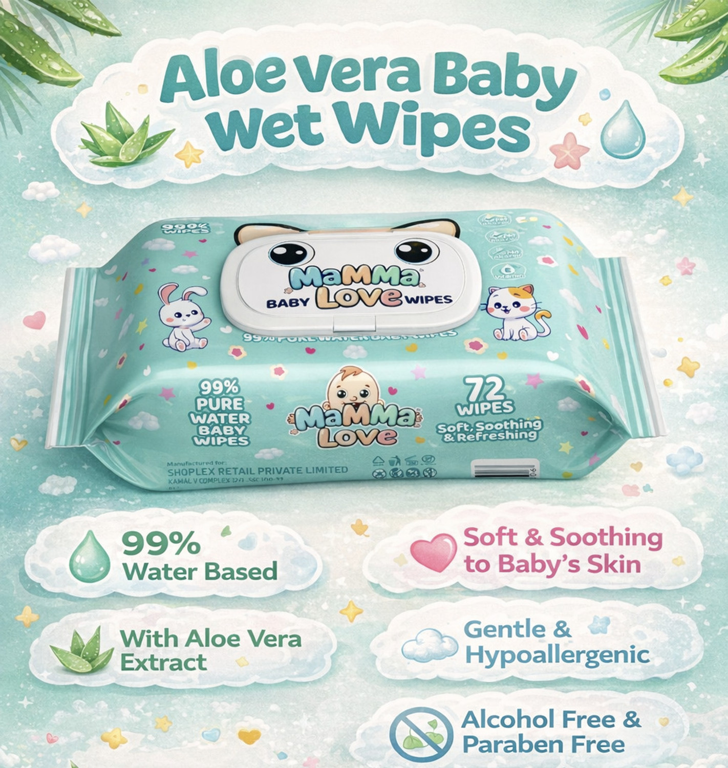 Image of Mamma Love 99% Pure Water Baby Wet Wipes with Lid | Pack of 11 | 72 pcs /pack |