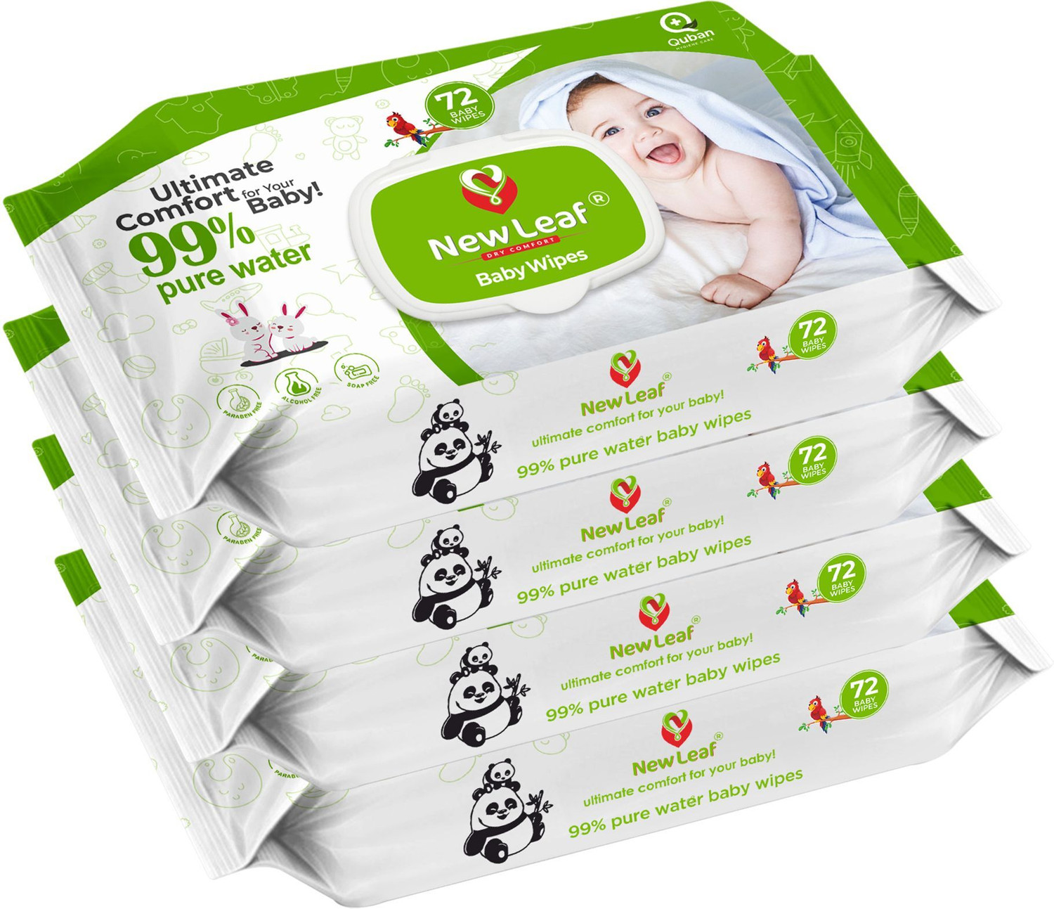 Image of Newleaf Premium Baby Wipes | 99% Pure Water, Aloe Vera & Glycerine with Lid, Pack of 4