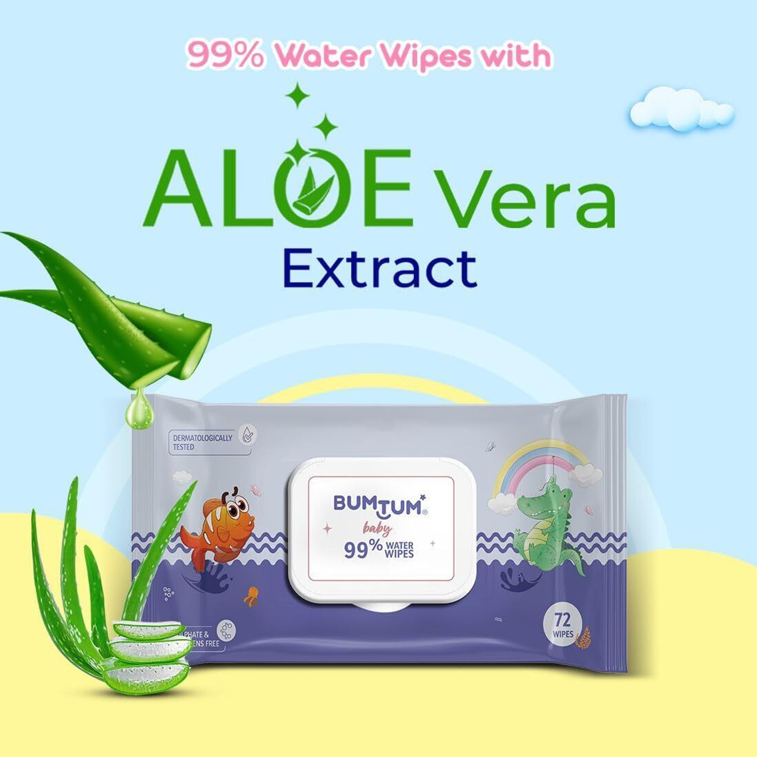 Image of BUMTUM Baby Gentle 99% Pure Water Wipes With Lid | Aloe Vera & Chamomile Extracts