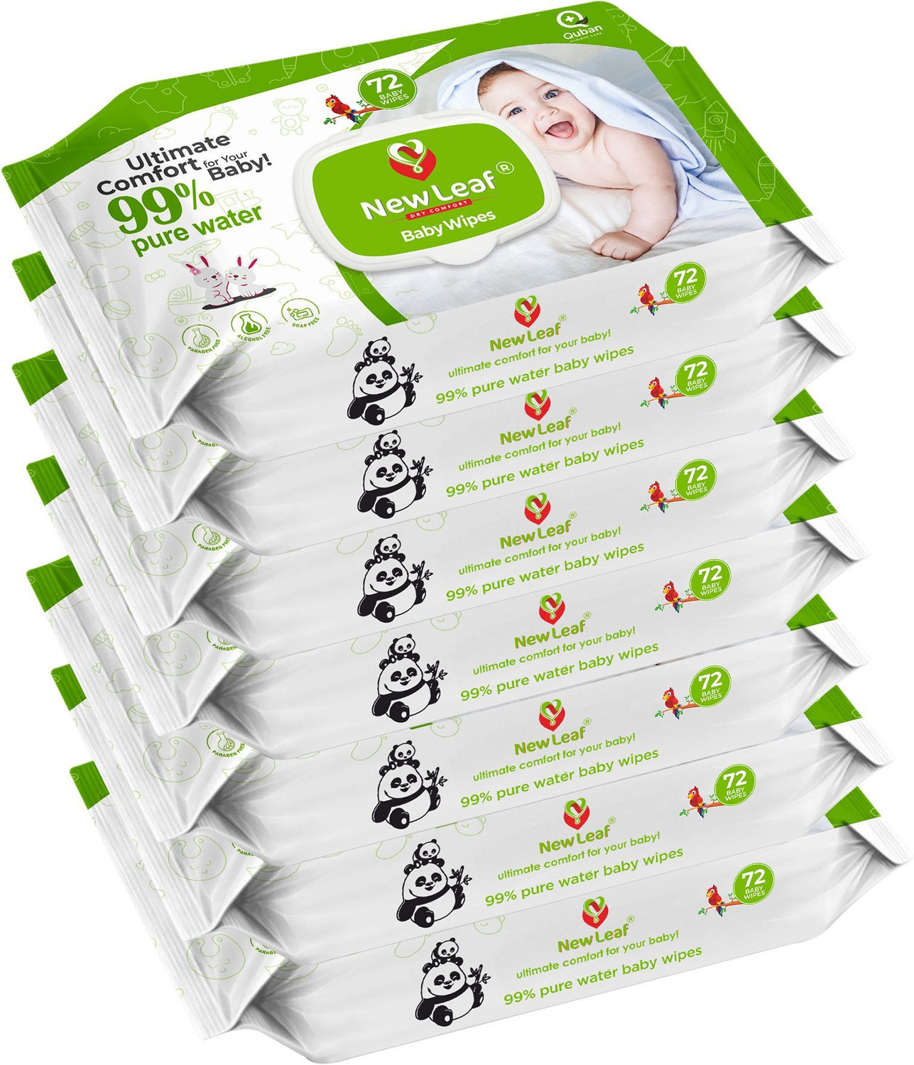 Image of Newleaf Premium Baby Wipes | 99% Pure Water, Aloe Vera & Glycerine with Lid, Pack of 7