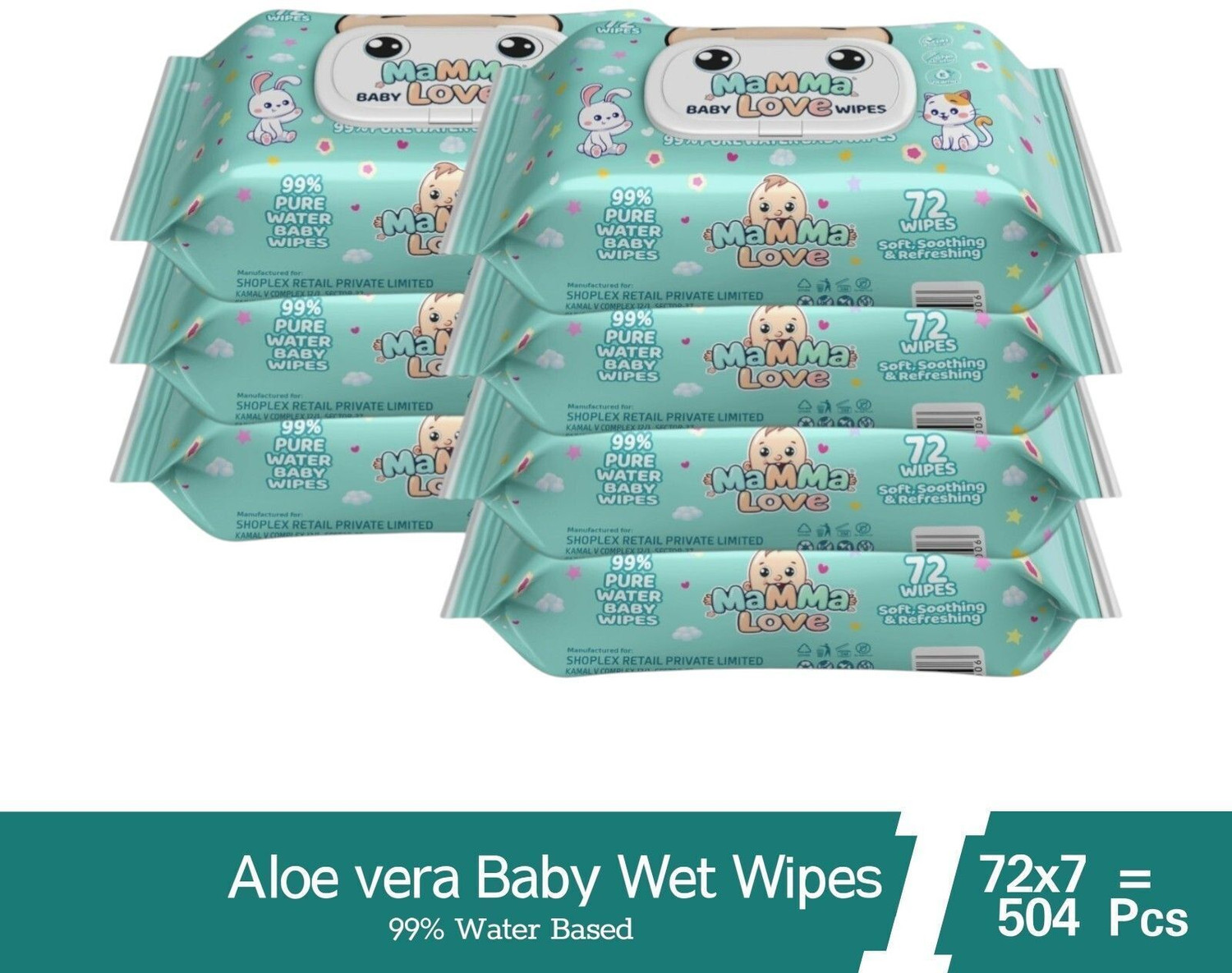 Image of Mamma Love 99% Pure Water Baby Wet Wipes with Lid | Pack of 7 | 72 pcs /pack |
