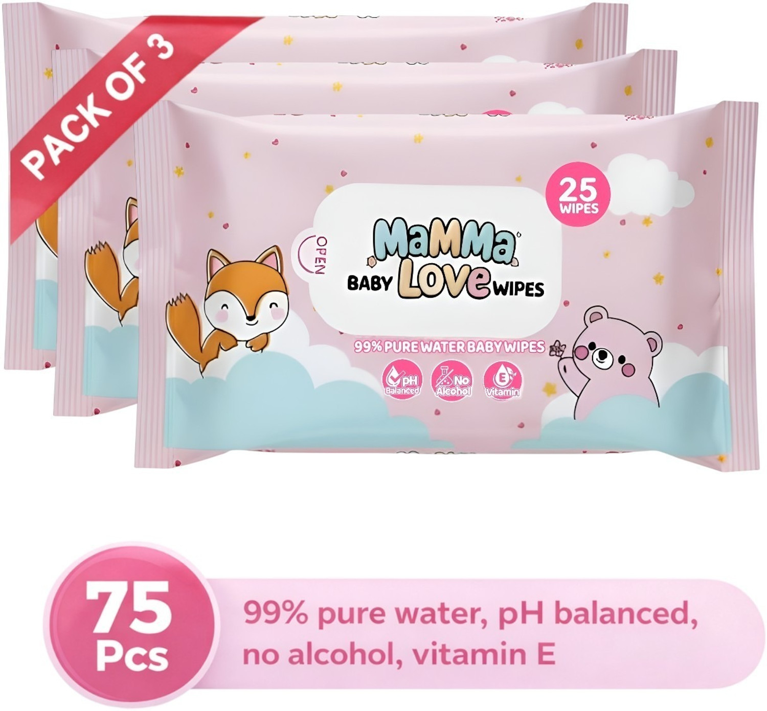 Image of Mamma Love 99% Pure Water Baby Wet Wipes with Lid | Pack of 3 | 25 pcs /pack |