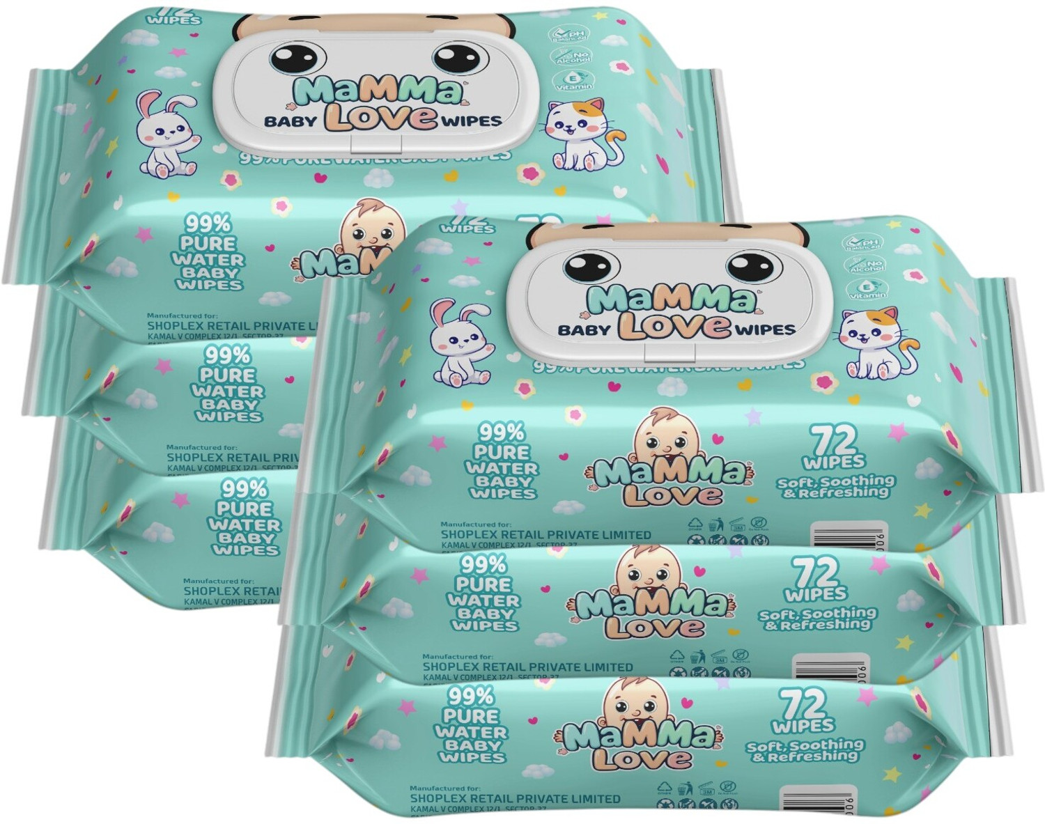 Image of Mamma Love 99% Pure Water Baby Wet Wipes with Lid | Pack of 6 | 72 pcs /pack |