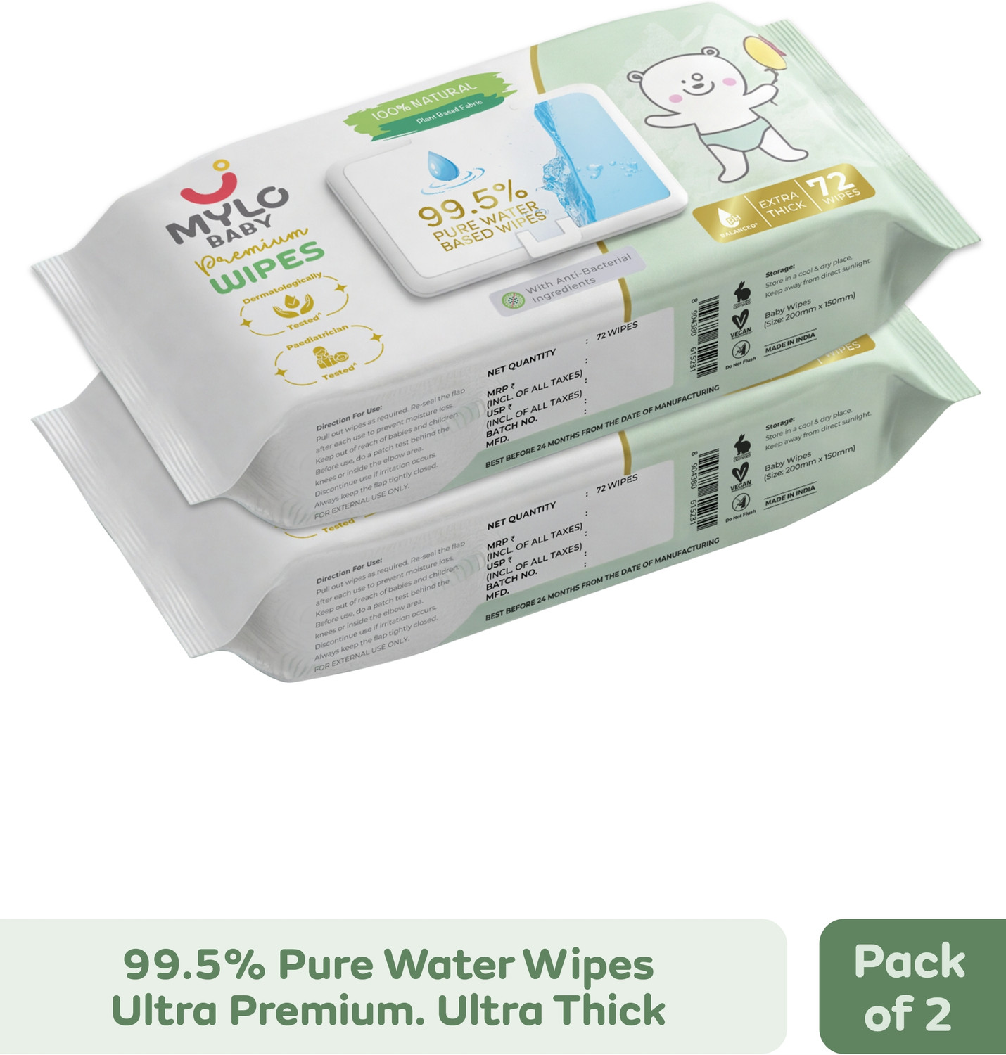 Image of MYLO Baby 99.5% Pure Water Wipes, Extra-Thick, 100% Plant-Powered & Safe for Newborns
