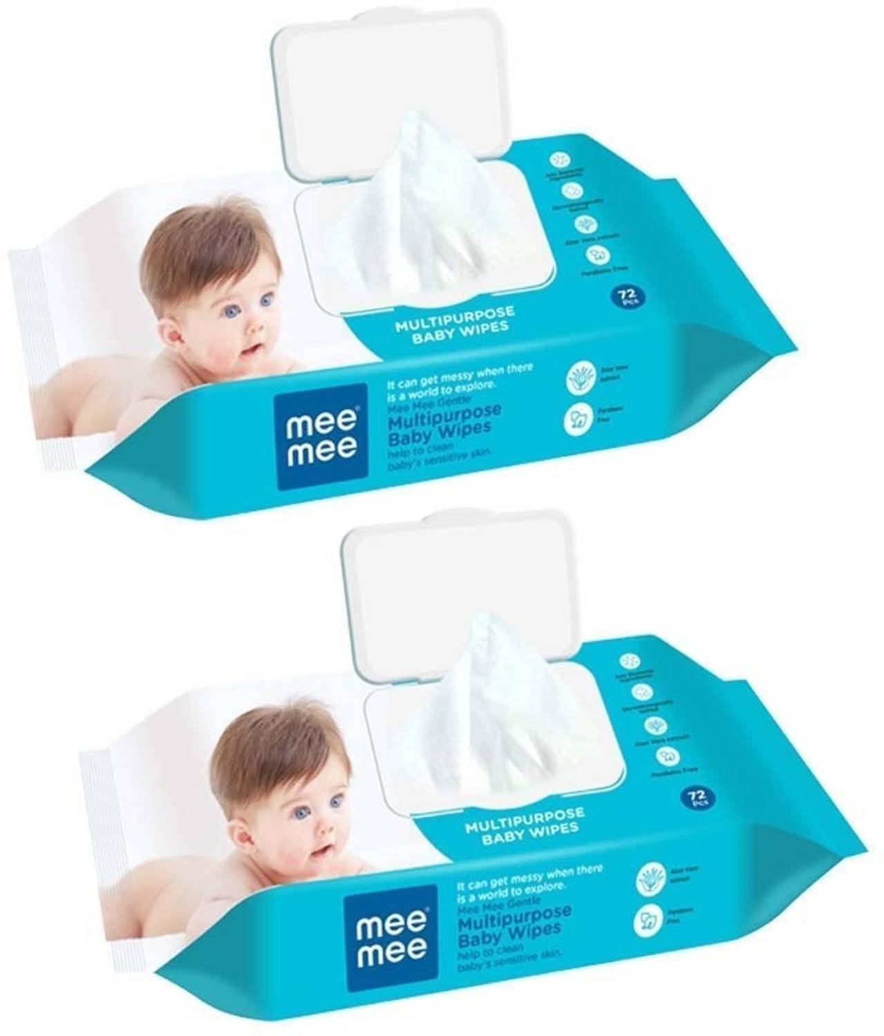 MeeMee Caring Baby Wet Wipes with lid, 72 Pcs (Aloe Vera, Pack of