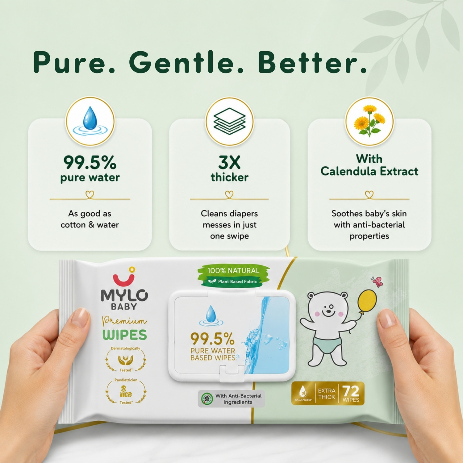 Image of MYLO Baby 99.5% Pure Water Wipes, Extra-Thick, 100% Plant-Powered & Safe for Newborns