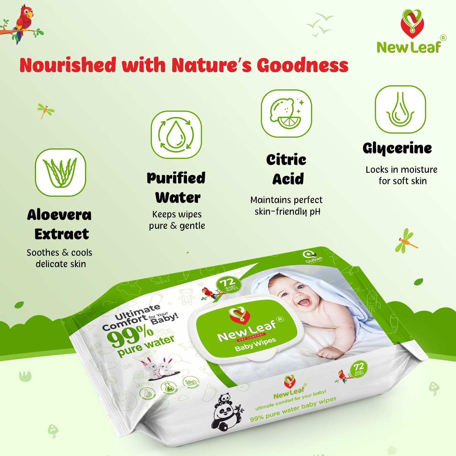 Image of Newleaf Premium Baby Wipes | 99% Pure Water, Aloe Vera & Glycerine with Lid, Pack of 6