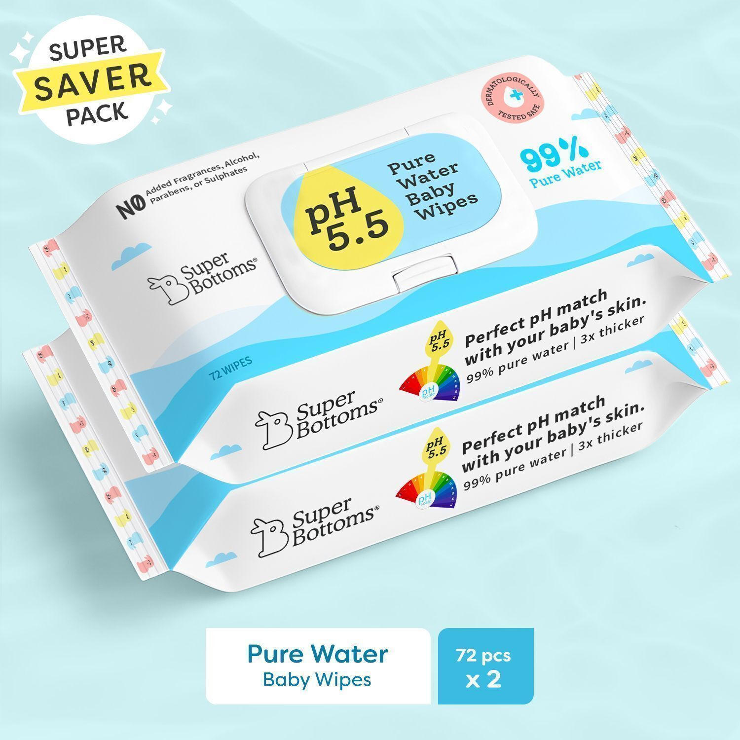 Image of Superbottoms 99% Pure Water Baby Wipes | 5.5pH Formula - Pack of 2 x 72pcs (Super Saver Pack) (144 Wipes)