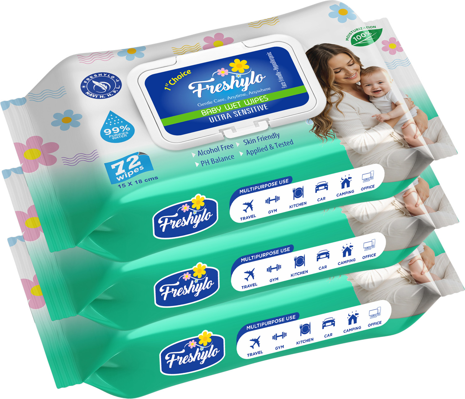 Image of Freshylo Baby Wipes with Lid & 99% Purified Water | pH-Balanced Wet Tissues, Pack of 3