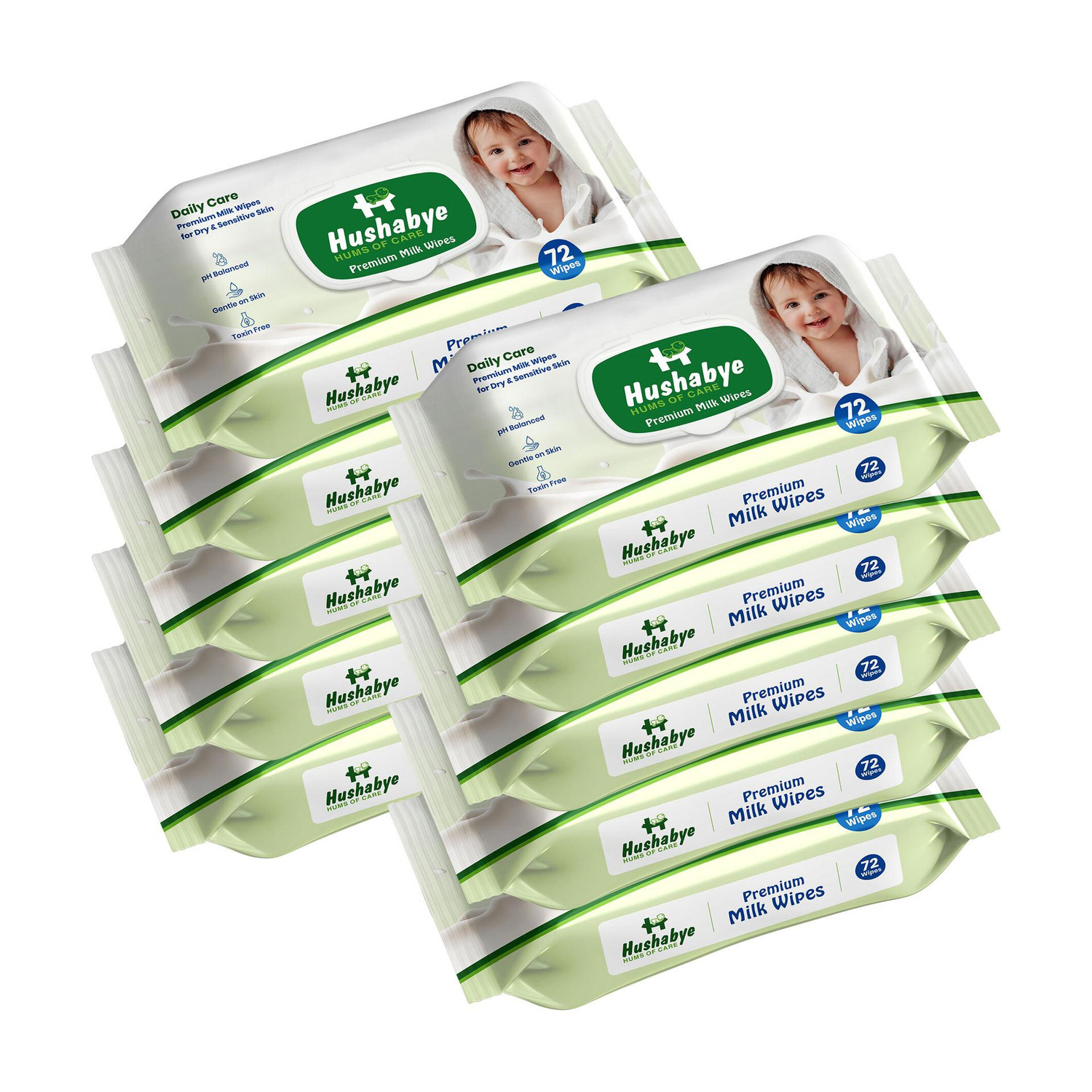 Image of Hushabye Premium Milk Cleansing Baby Wipes With Lid, Vitamin E, pH Balanced, Pack of 10