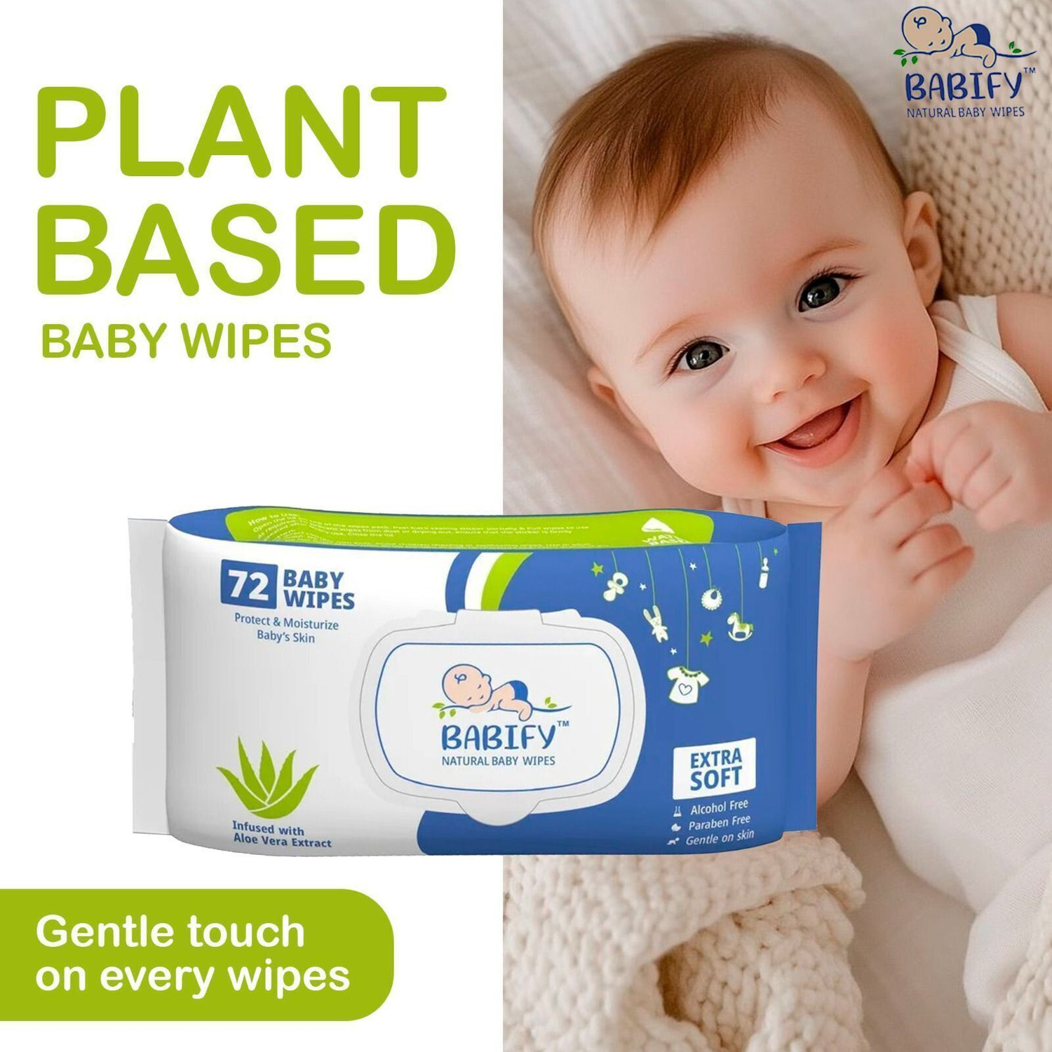 Image of BabiFy Extra Soft Premium Baby Wipes With Aloe Vera & Paraben-Free Pack of 3-216 Wipes