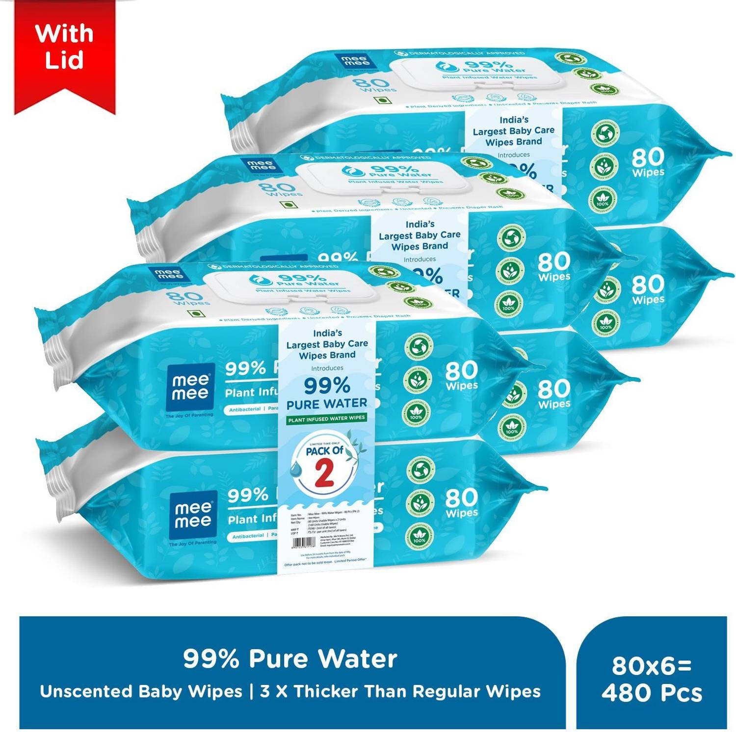 MeeMee 99% Pure Water Wet Wipes with Lid, Unscented, Thick Wipes,