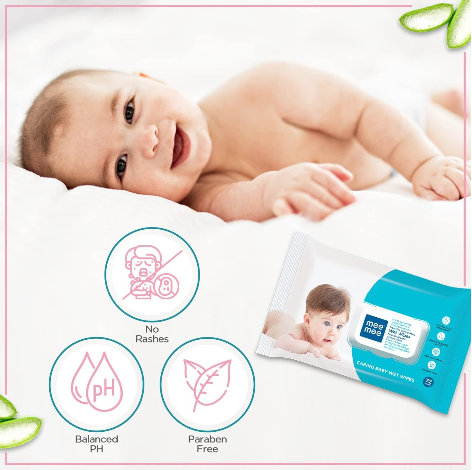 Image of MeeMee Caring Baby Wet Wipes with lid, 72 Pcs (Aloe Vera, Pack of 2))