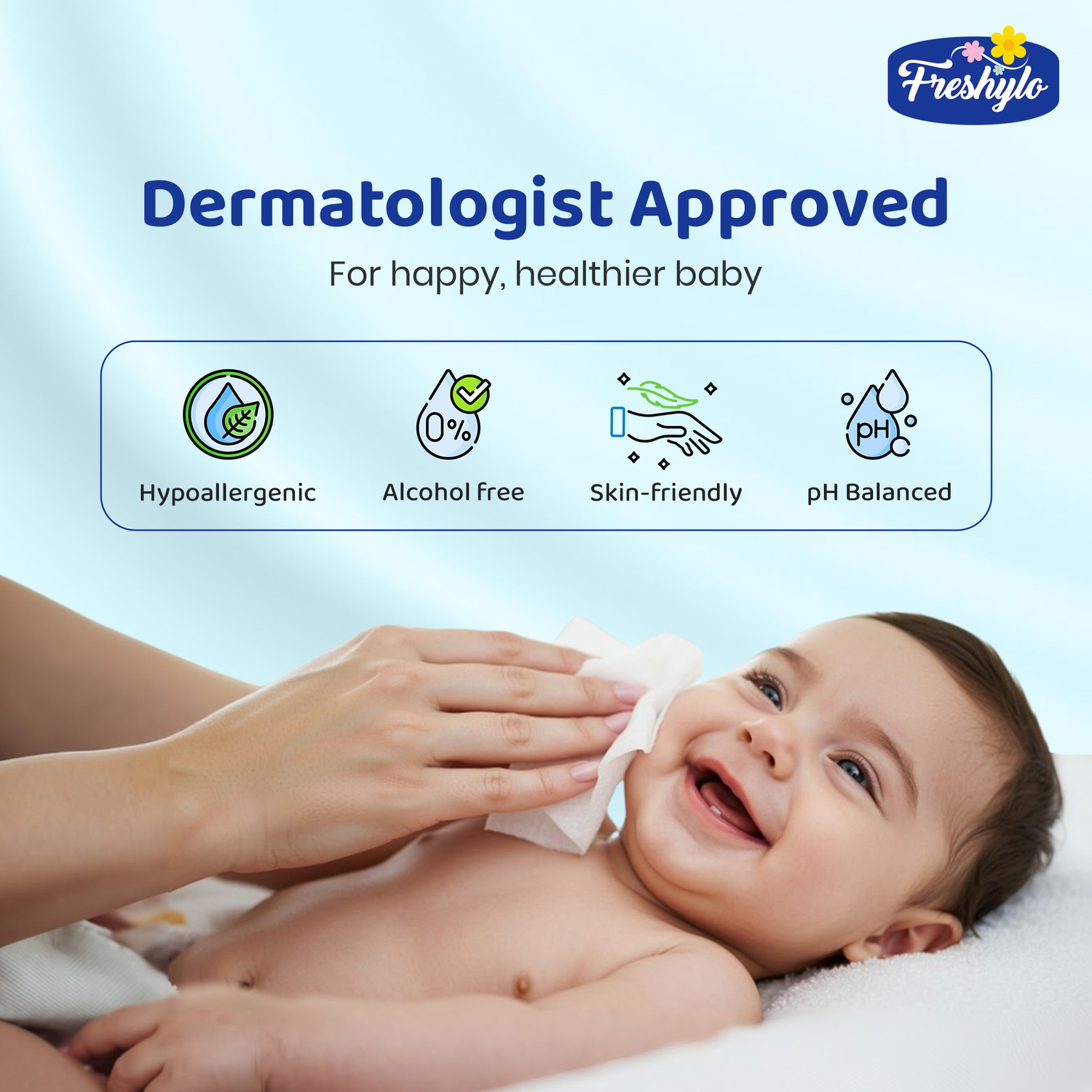 Image of Freshylo Baby Wipes with Lid & 99% Purified Water | pH-Balanced Wet Tissues, Pack of 18