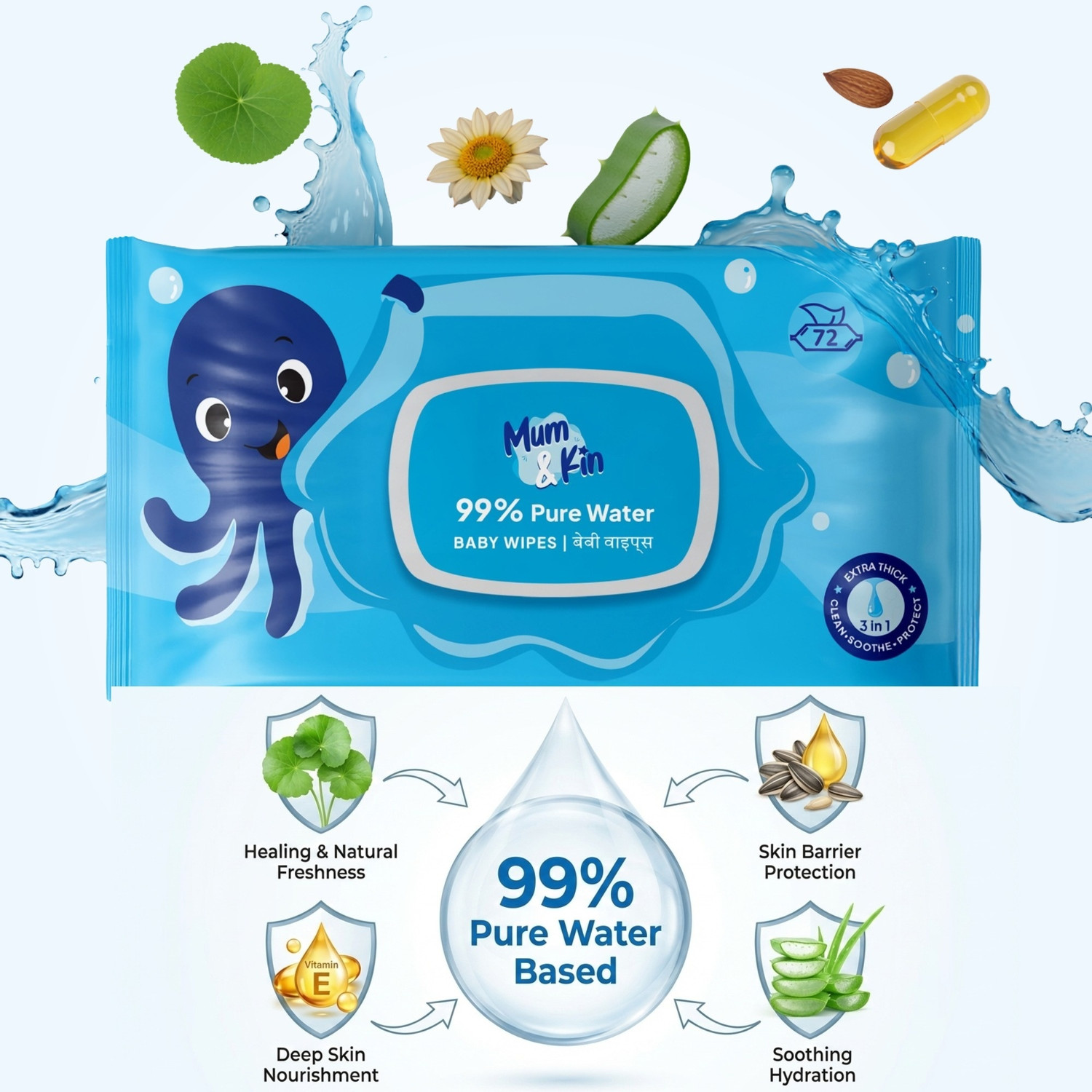 Image of Caremedica Mum & Kin 99% Water Baby Wipes |Pack of 1 |Infused with Gotu Kola, Vitamin E