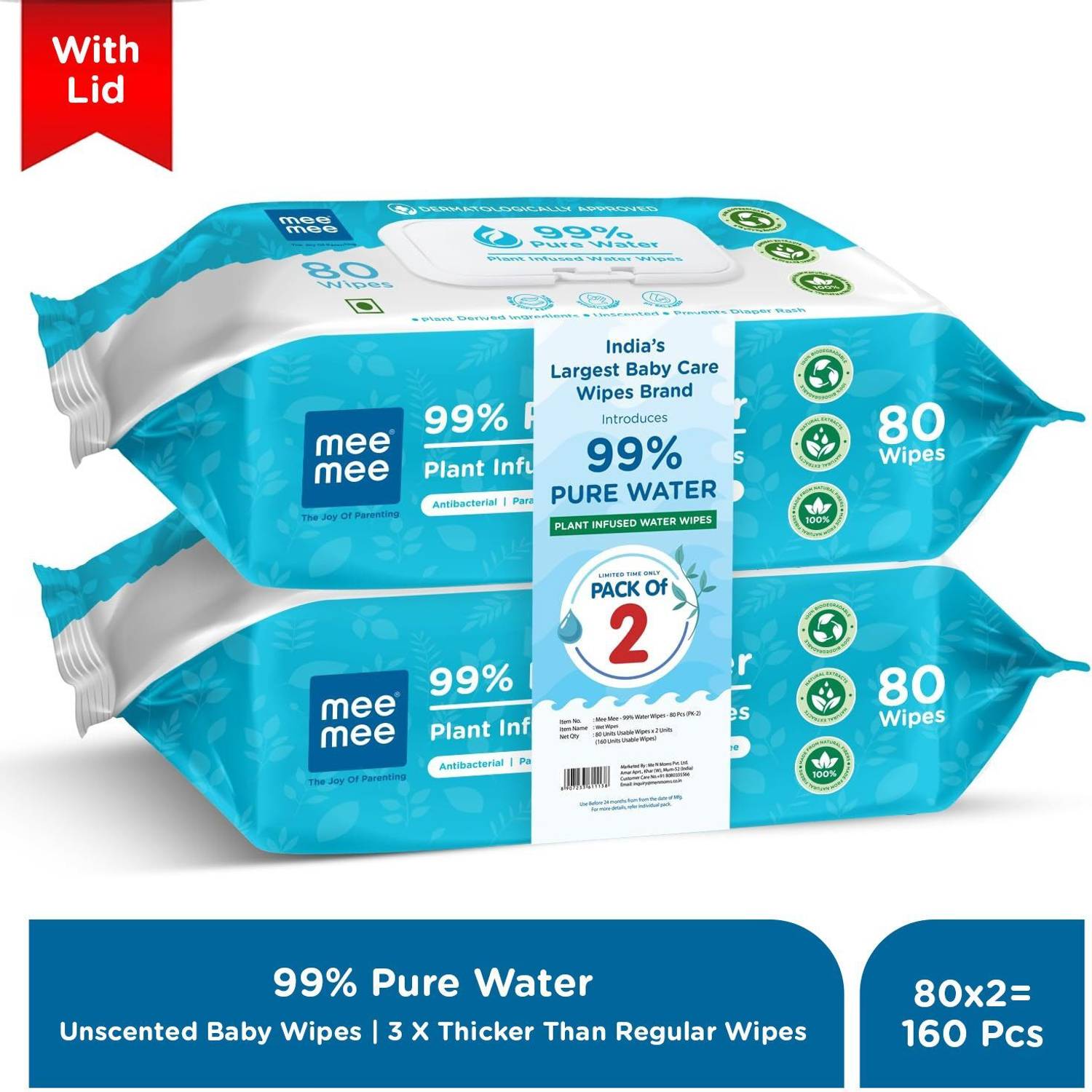 MeeMee 99% Pure Water Wet Wipes with Lid, Unscented, Thick Wipes,