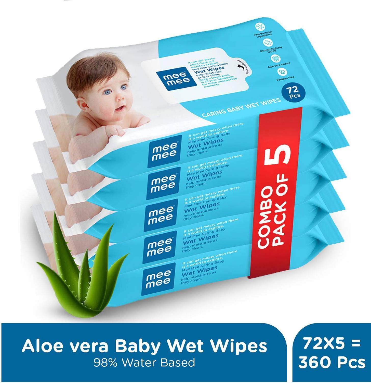 MeeMee Soft Cleansing Baby Wet with Aloe vera - Pack of 5 (360 Wi