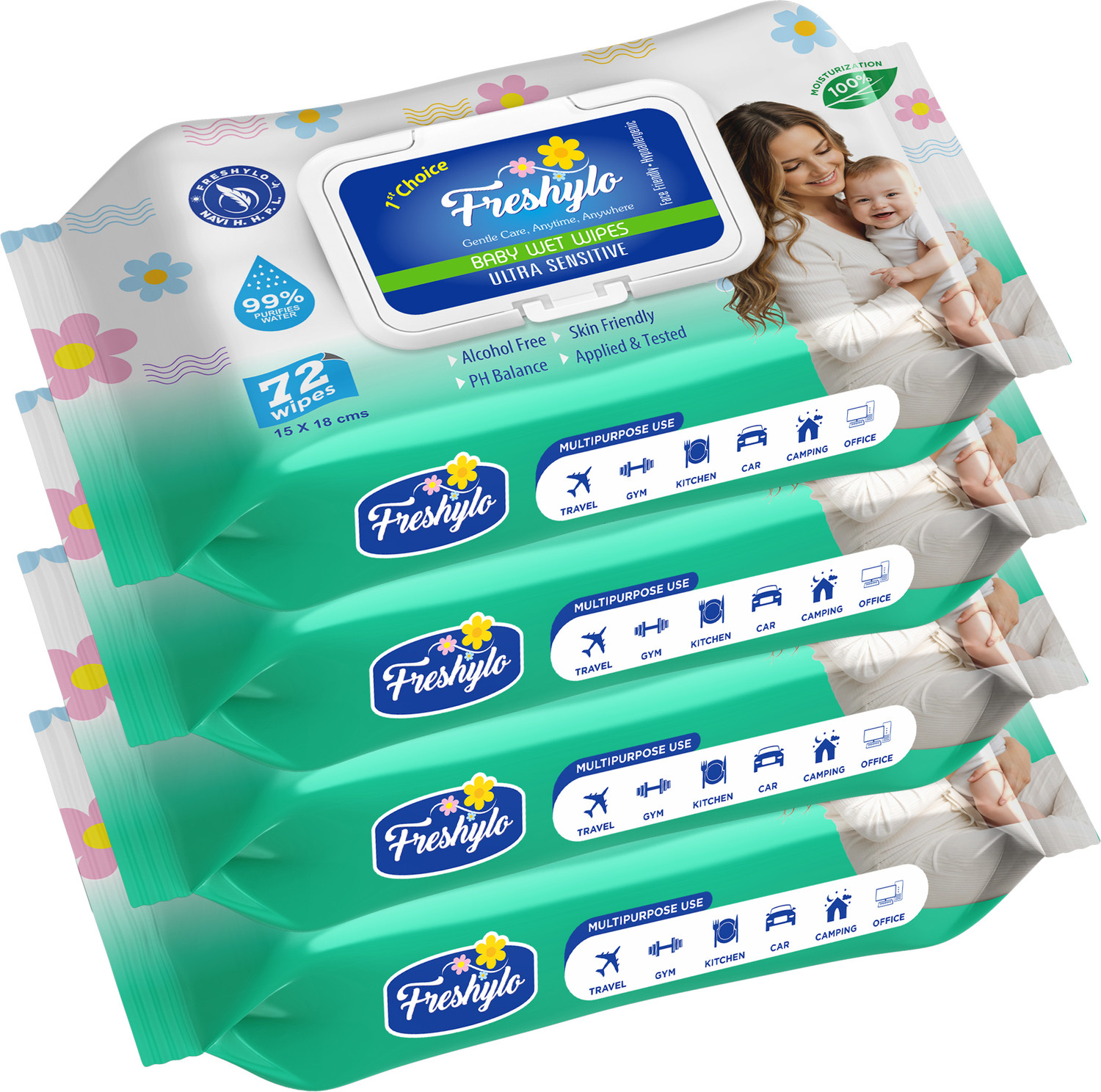 Image of Freshylo Baby Wipes with Lid & 99% Purified Water | pH-Balanced Wet Tissues, Pack of 4