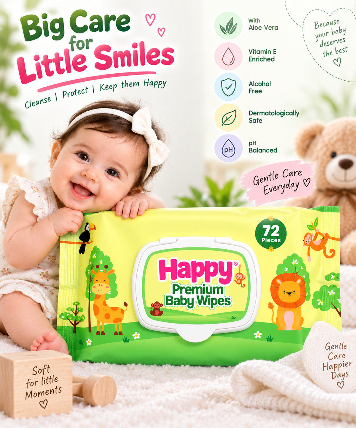 Image of Happy Premium Baby Wipes Export Quality with Aloe Vera & Vitamin E 72 wipes pack of 1