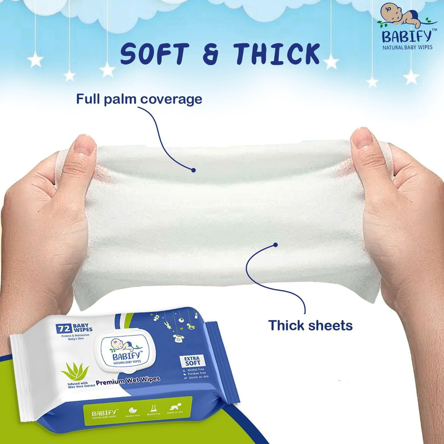 Image of BabiFy Extra Soft Premium Baby Wipes With Aloe Vera & Paraben-Free Pack of 3-216 Wipes