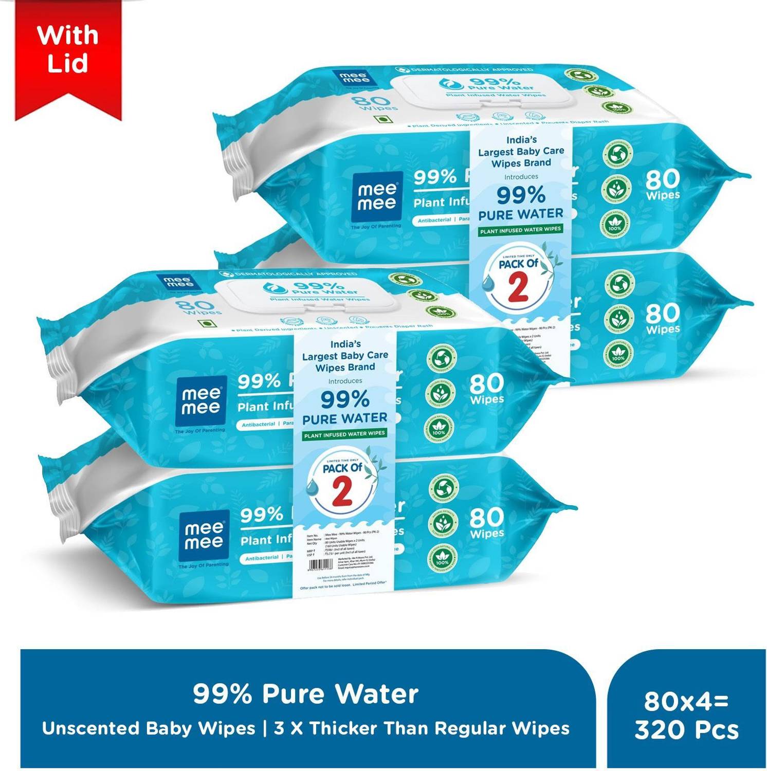 MeeMee 99% Pure Water Wet Wipes with Lid, Unscented, Thick Wipes,