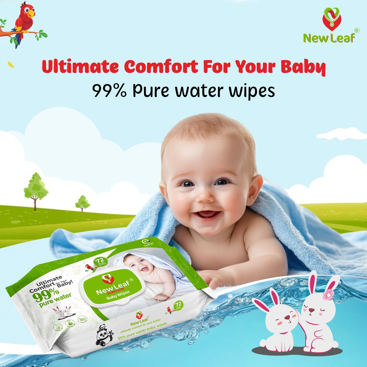 Image of Newleaf Premium Baby Wipes | 99% Pure Water, Aloe Vera & Glycerine with Lid, Pack of 6