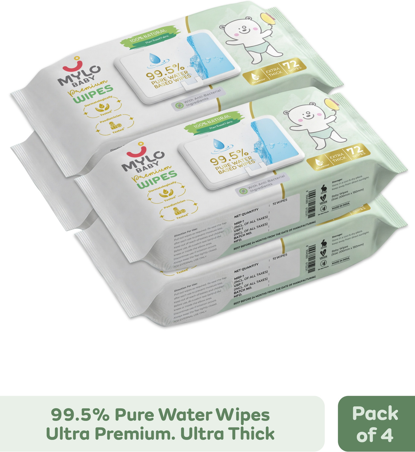 Image of MYLO Baby 99.5% Pure Water Wipes, Extra-Thick, 100% Plant-Powered & Safe for Newborns