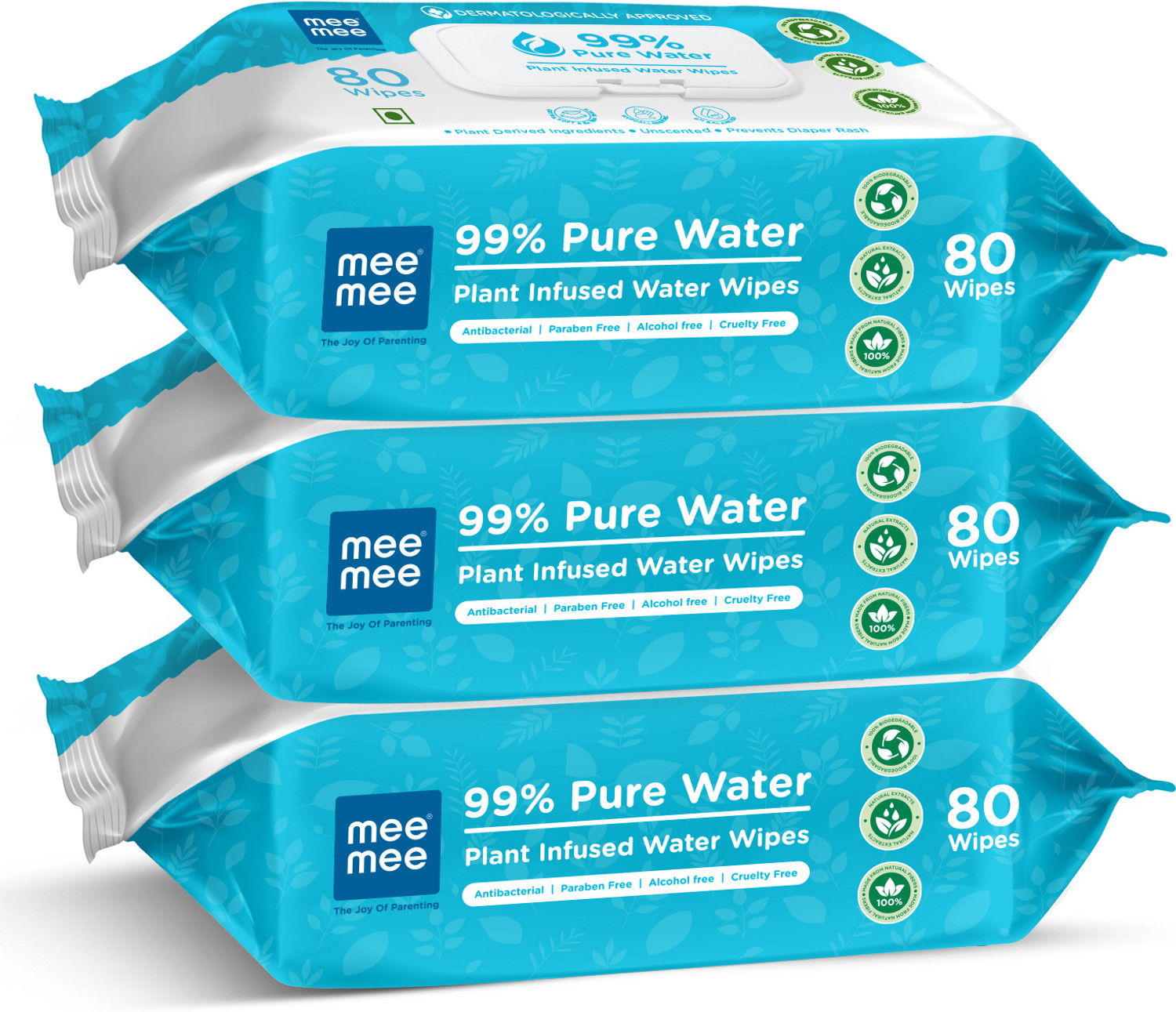 Image of MeeMee 99% Pure Water Plant Infused Water Wipes - 80 Wipes (Pack of 3)