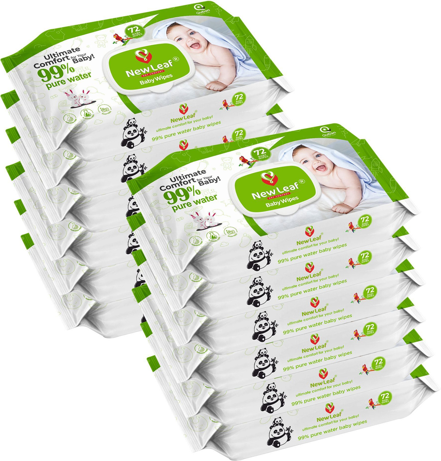 Image of Newleaf Premium Baby Wipes | 99% Pure Water, Aloe Vera & Glycerine with Lid, Pack of 12