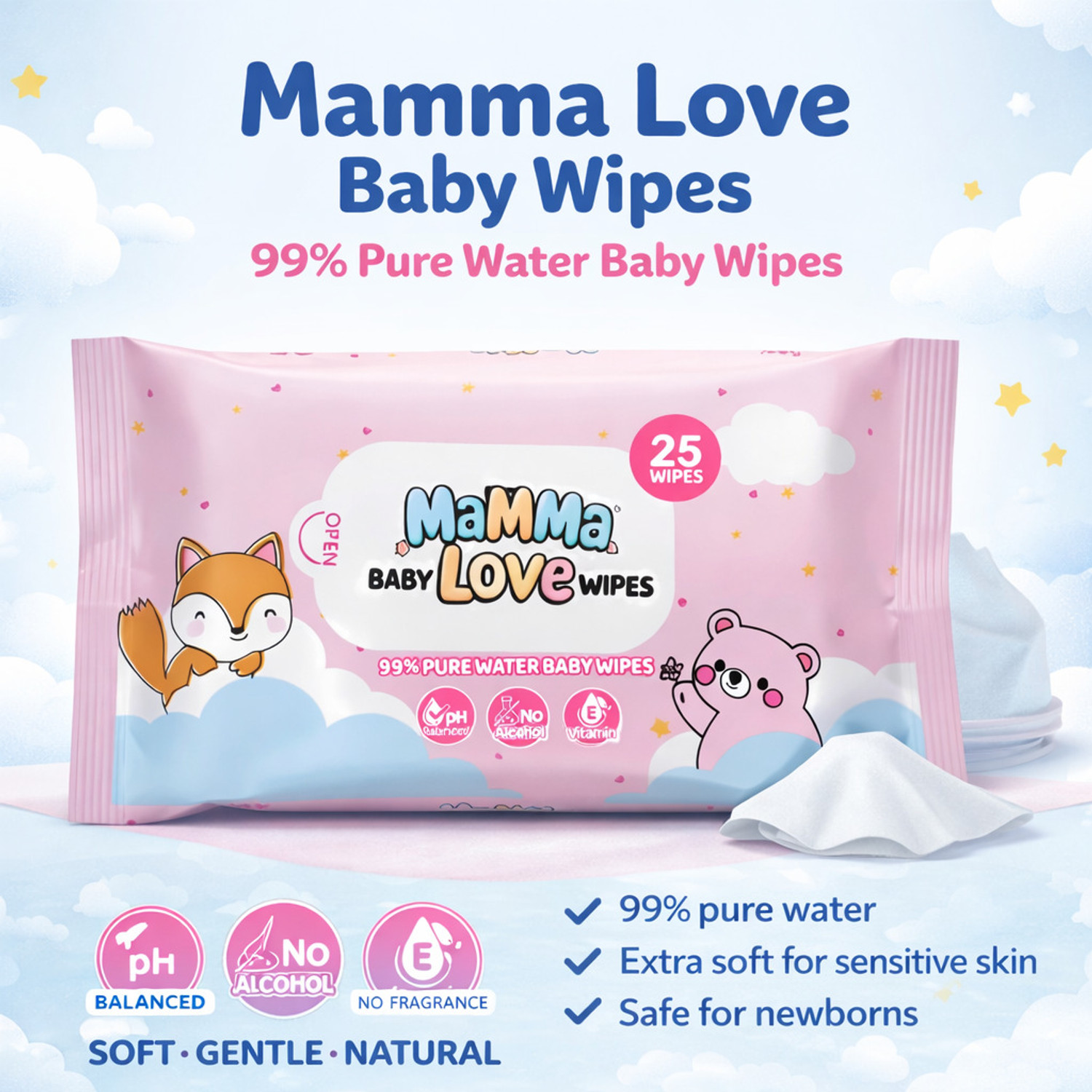 Image of Mamma Love 99% Pure Water Baby Wet Wipes with Lid | Pack of 3 | 25 pcs /pack |