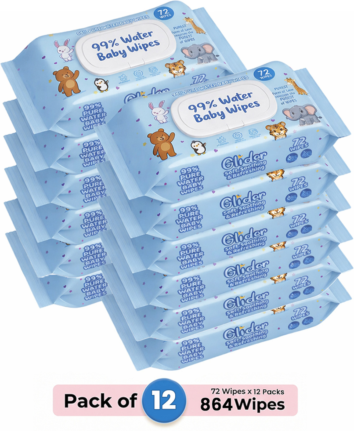 Image of GLIDER 99% Pure Water Baby Wipes with Lid | Skin Nourishing & Cleansing | Pack of 12