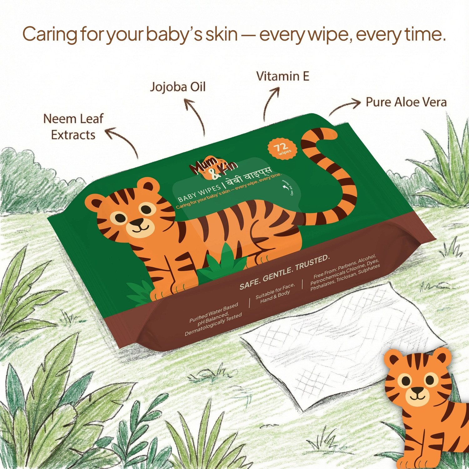 Image of Caremedica Mum & Kin Gentle Baby Wet Wipes|Pack of 9|With Aloe Vera,Jojoba Oil & Vitamin E