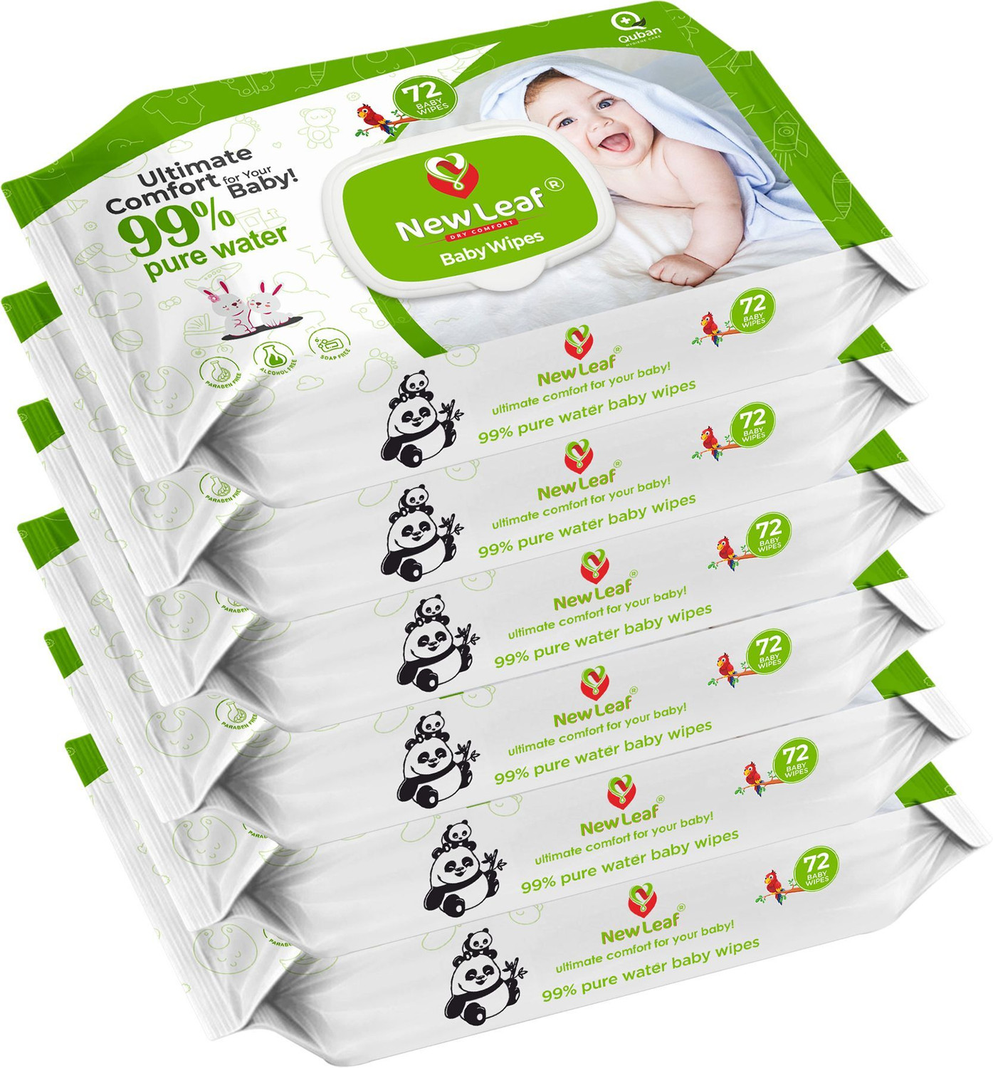 Image of Newleaf Premium Baby Wipes | 99% Pure Water, Aloe Vera & Glycerine with Lid, Pack of 6