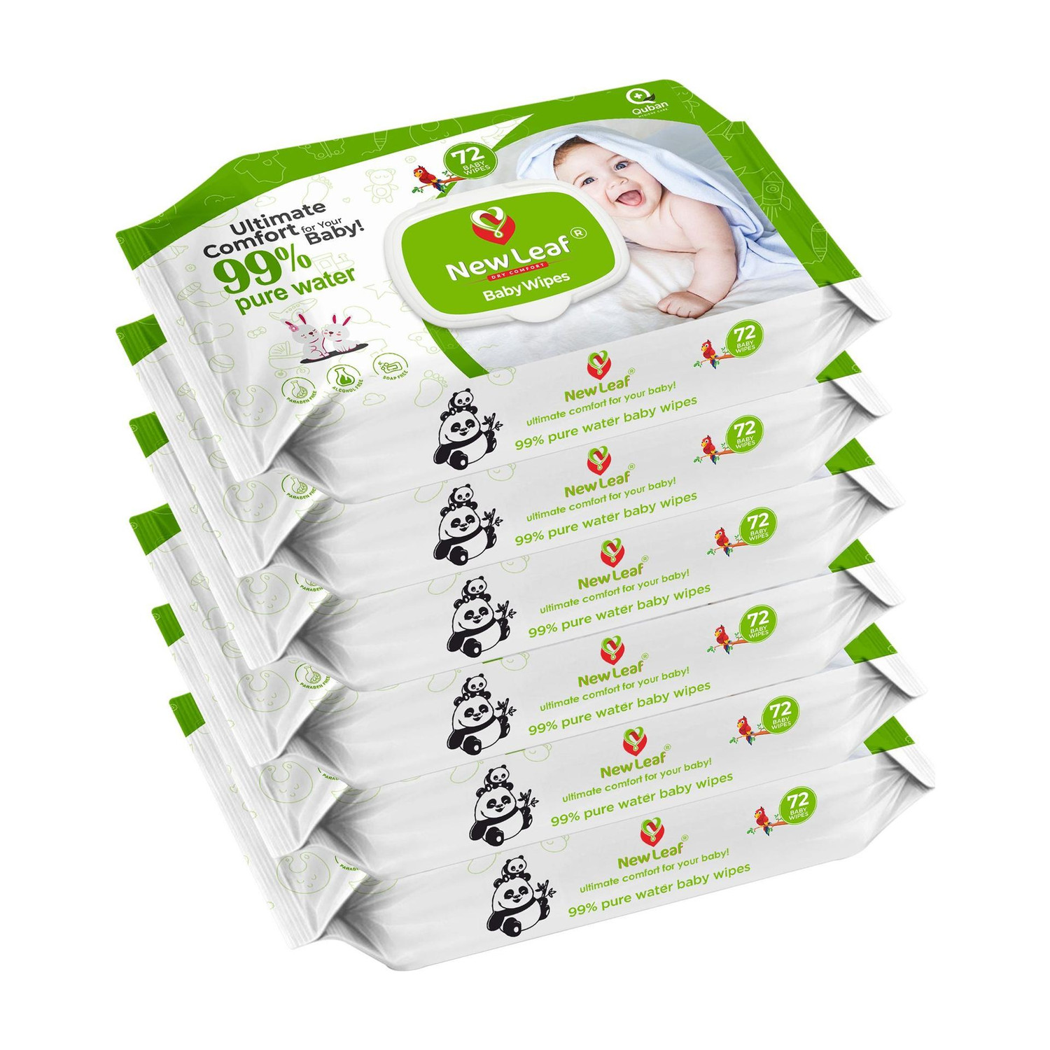 Image of Newleaf Premium Baby Wipes | 99% Pure Water, Aloe Vera & Glycerine with Lid, Pack of 6