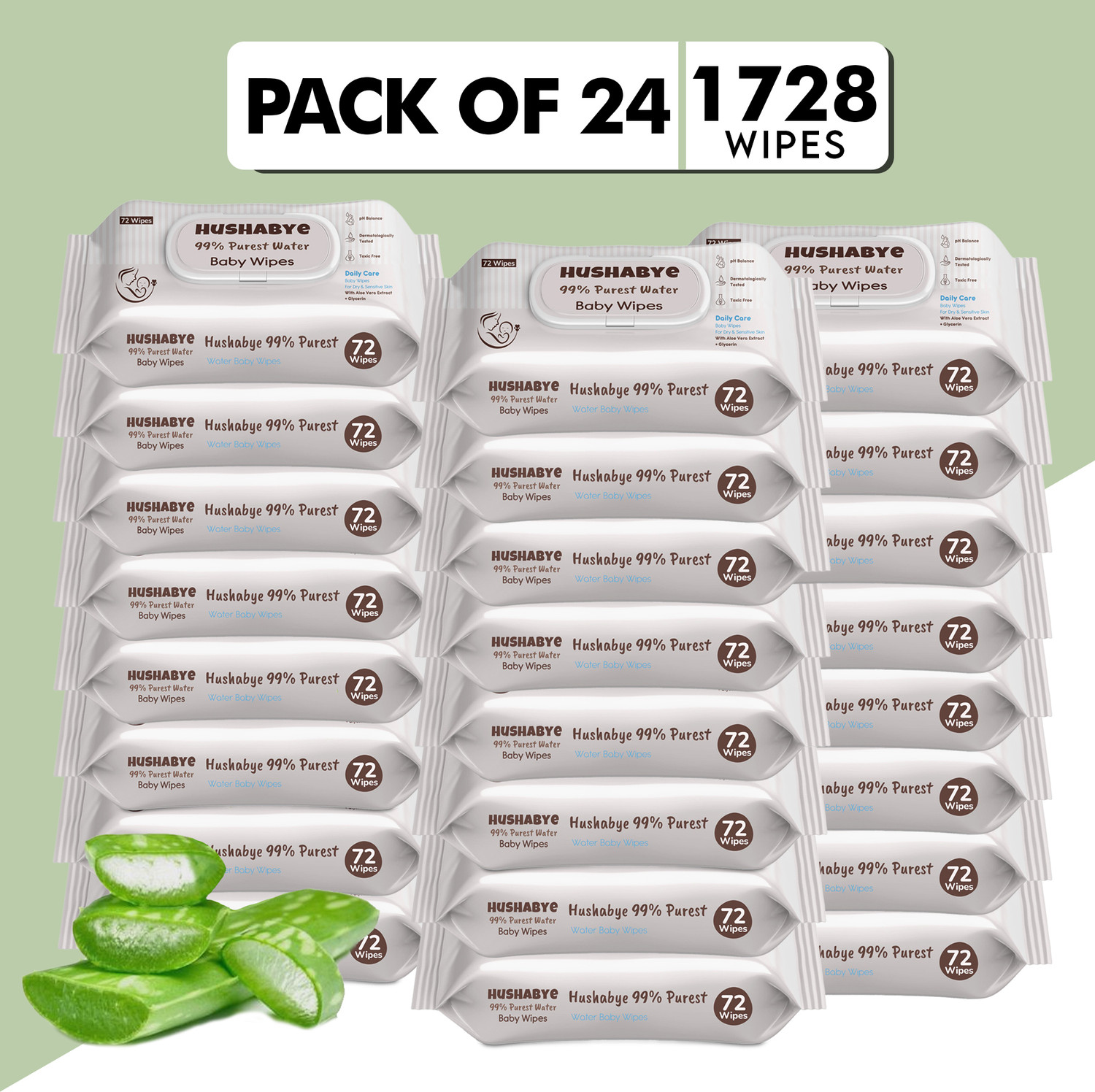 Image of Hushabye Premium Soft Baby Wipes with Aloe Vera,Rash-Free(72 Wipes Each Pack,Pack of 24)